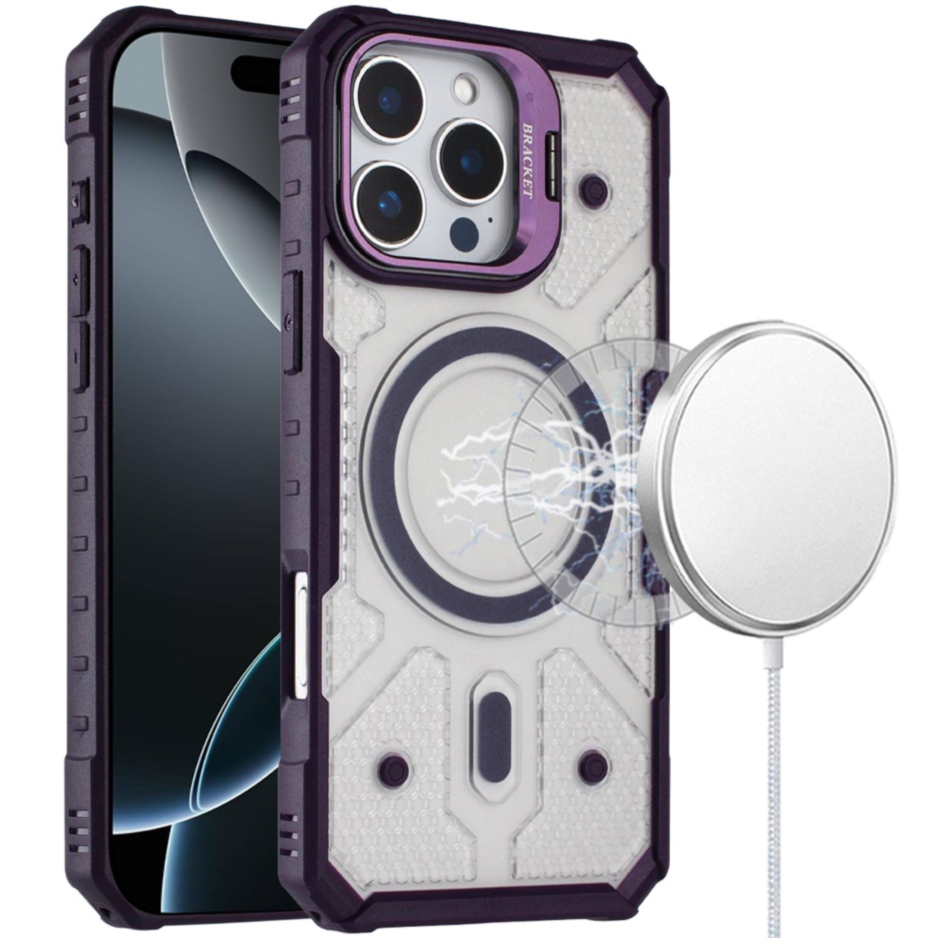 Angle. Kitcheniva - Rugged Camera Stand Magnetic Circle Phone Case With Tempered Glass For iPhone 16 Pro Max Dark Purple - Dark Purple.