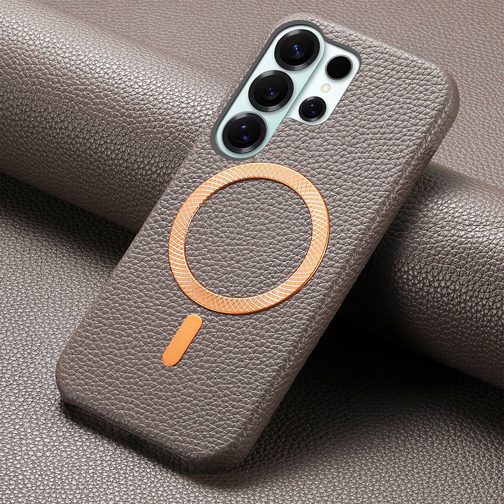 Alt View 2. Dteck - Lychee Texture Case for Samsung Galaxy S26 Ultra, Premium PU Leather Magnetic Shockproof Hard PC Cover with Raised Edges - Gray.
