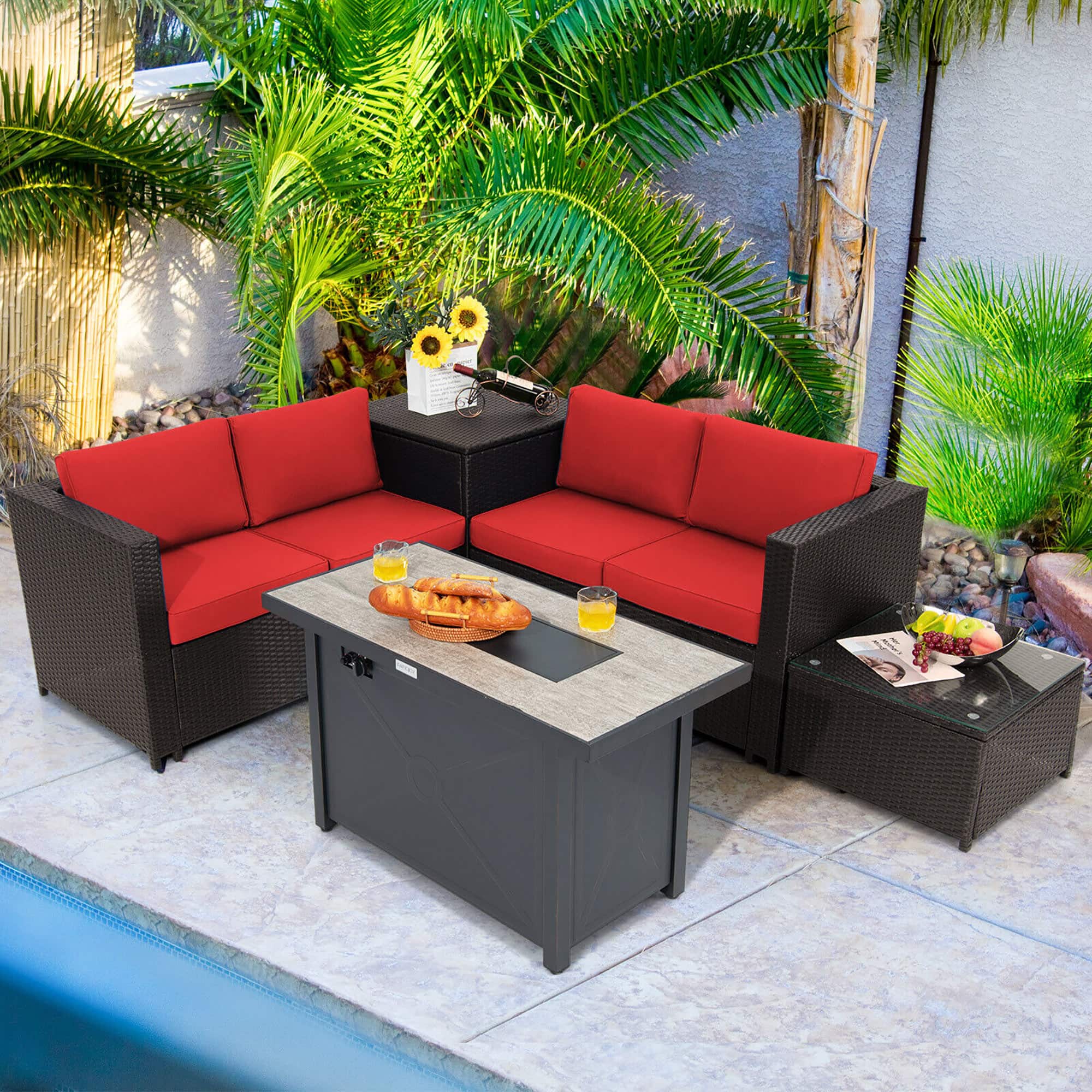 Gymax - 5PCS Patio Rattan Furniture Set Fire Pit Table w/ Cover Storage Cushion - Red