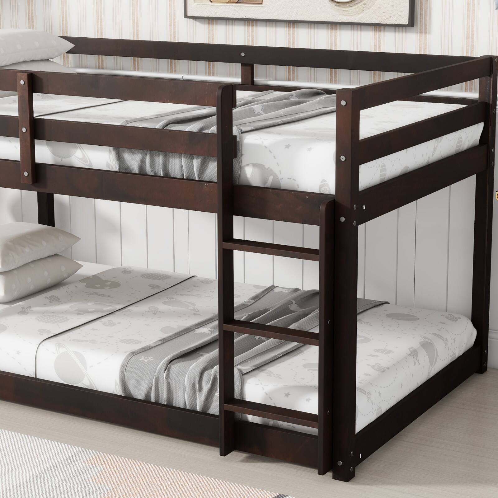 Alt View 5. Ecooso - Solid Wooden, Solid Rubber Wooden Twin over Twin Floor Bunk Bed with Ladder, with Bed Platform of Strengthened Slats - Espresso.