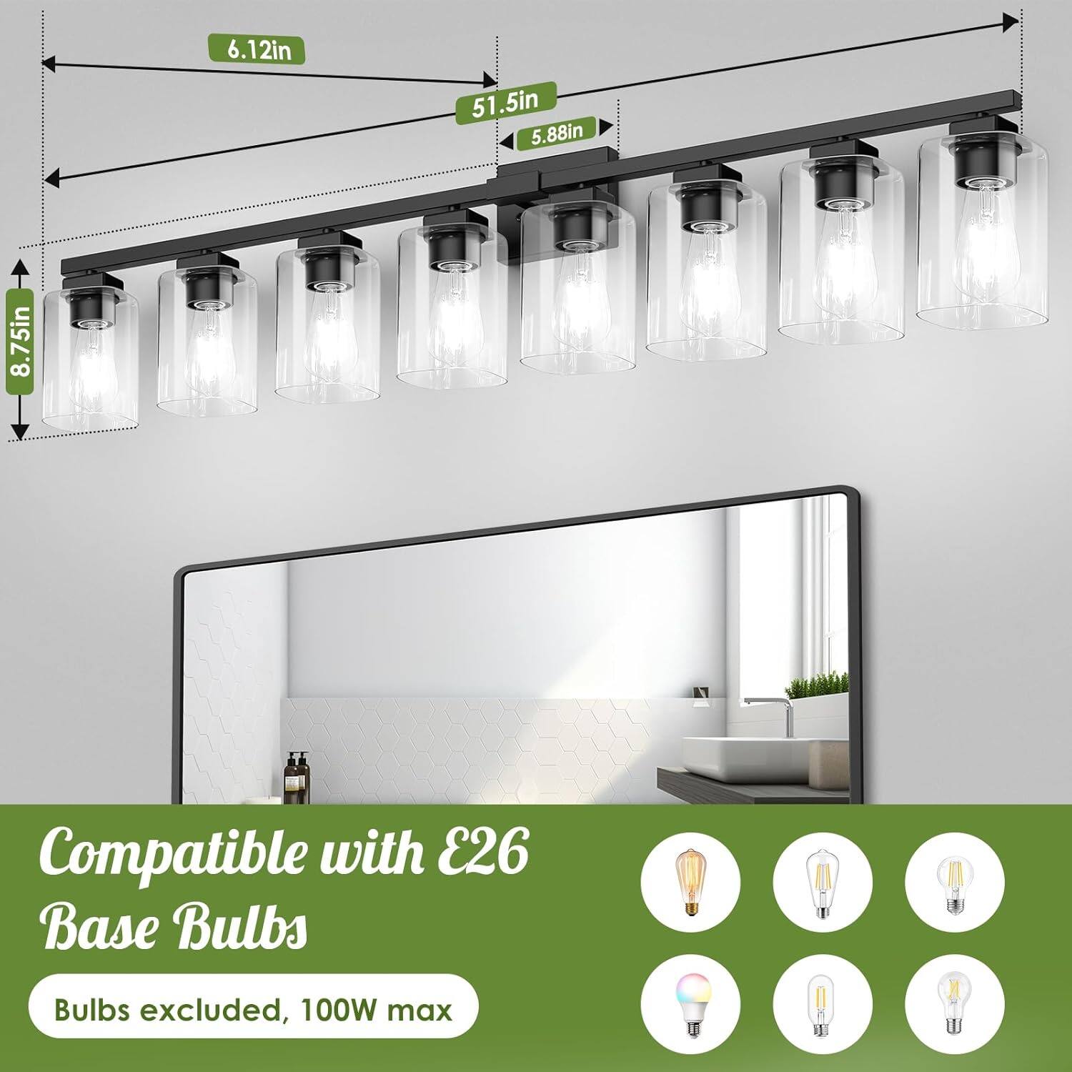 6.12in 51.5in 5.88in 8.75in  
Compatible with E26 Base Bulbs  
Bulbs excluded, 100W max