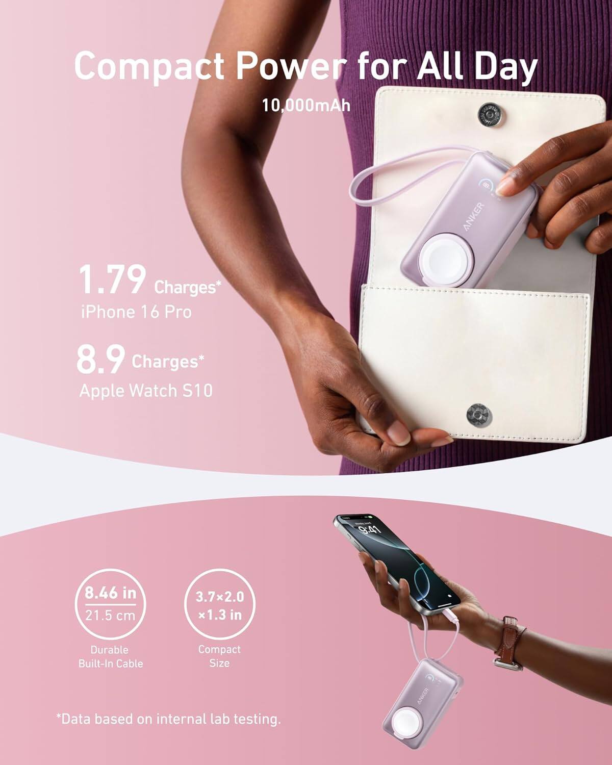 Compact Power for All Day  
10,000mAh  

1.79 Charges*  
iPhone 16 Pro  

8.9 Charges*  
Apple Watch S10  

8.46 in  
21.5 cm  
Durable Built-In Cable  

3.7 x 2.0 x 1.3 in  
Compact Size  

*Data based on internal lab testing.