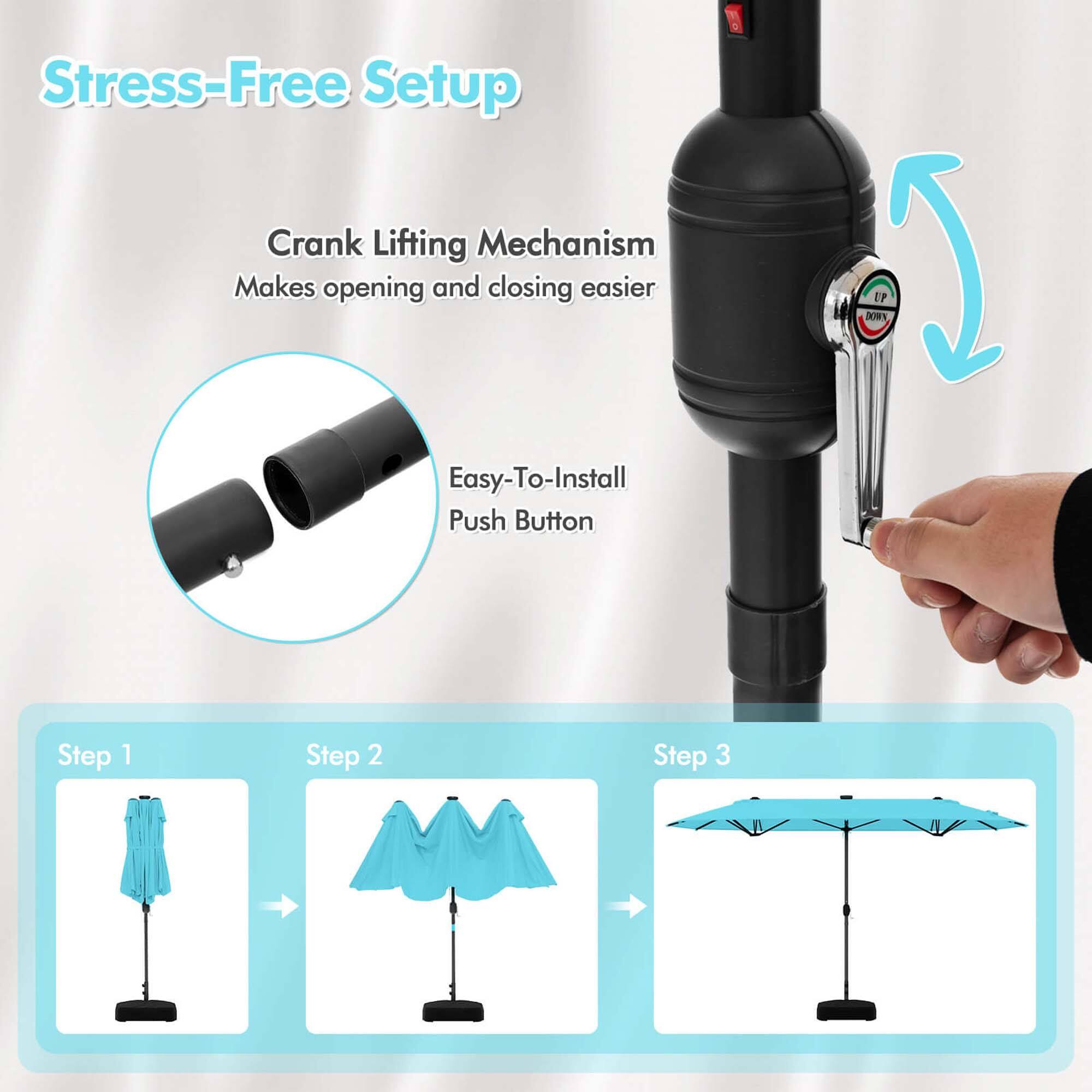 Stress-Free Setup Crank Lifting Mechanism Makes opening and closing easier Easy-To-Install Push Button FRO AP I Step 1 Step 2 Step 3