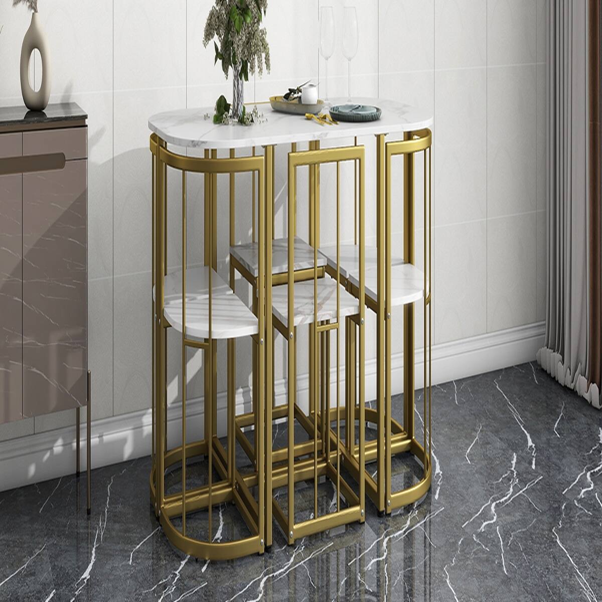 Alt View 1. Loheer - Loheer 7 Piece Dining Set for 6, 53.5 Inch Faux Marble White Table, Modern Black and Gold Chairs - Black and Faux Marble White.