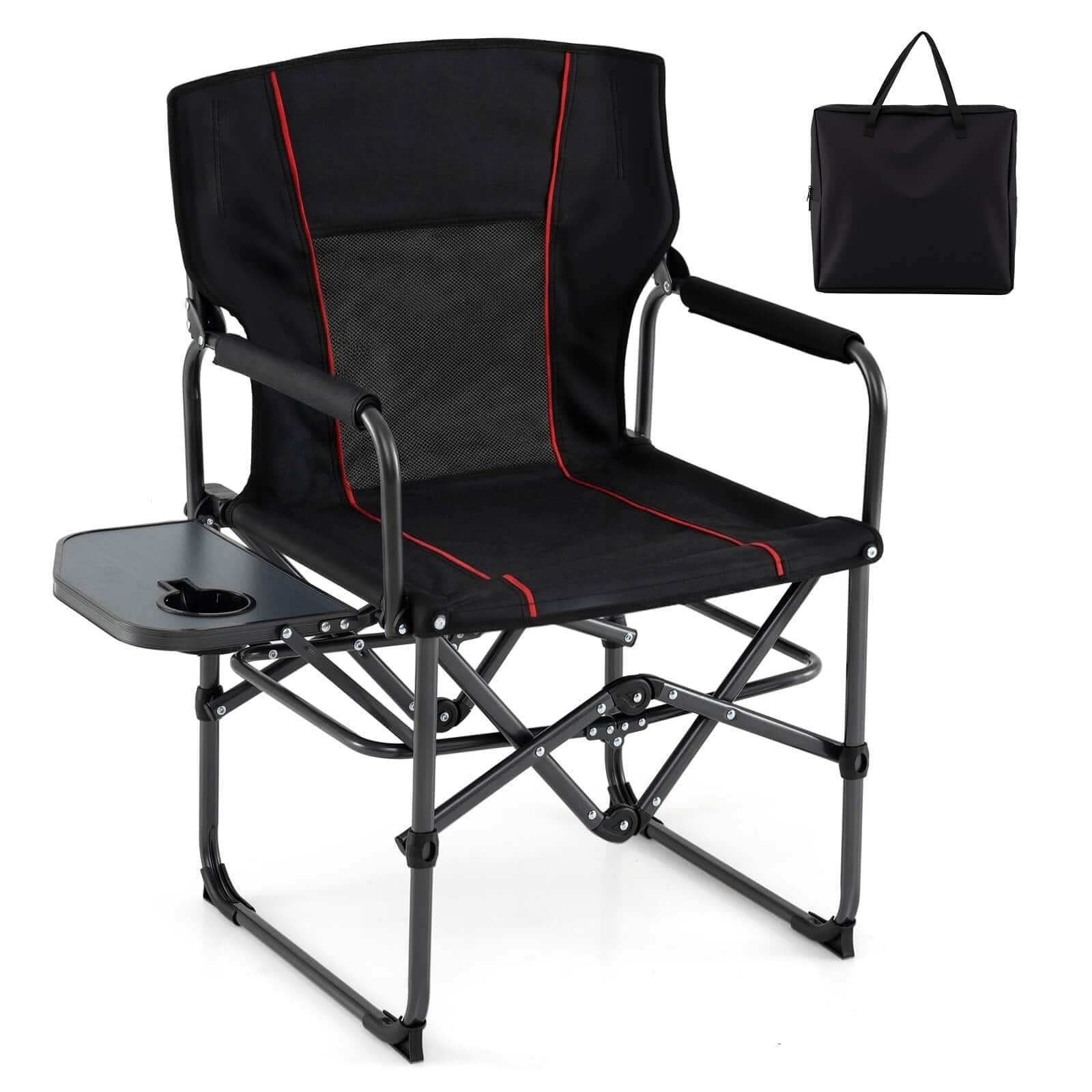Costway - Folding Camping Chair with Side Table & Cup Holder, Carrying Bag for Picnic, Beach - Black