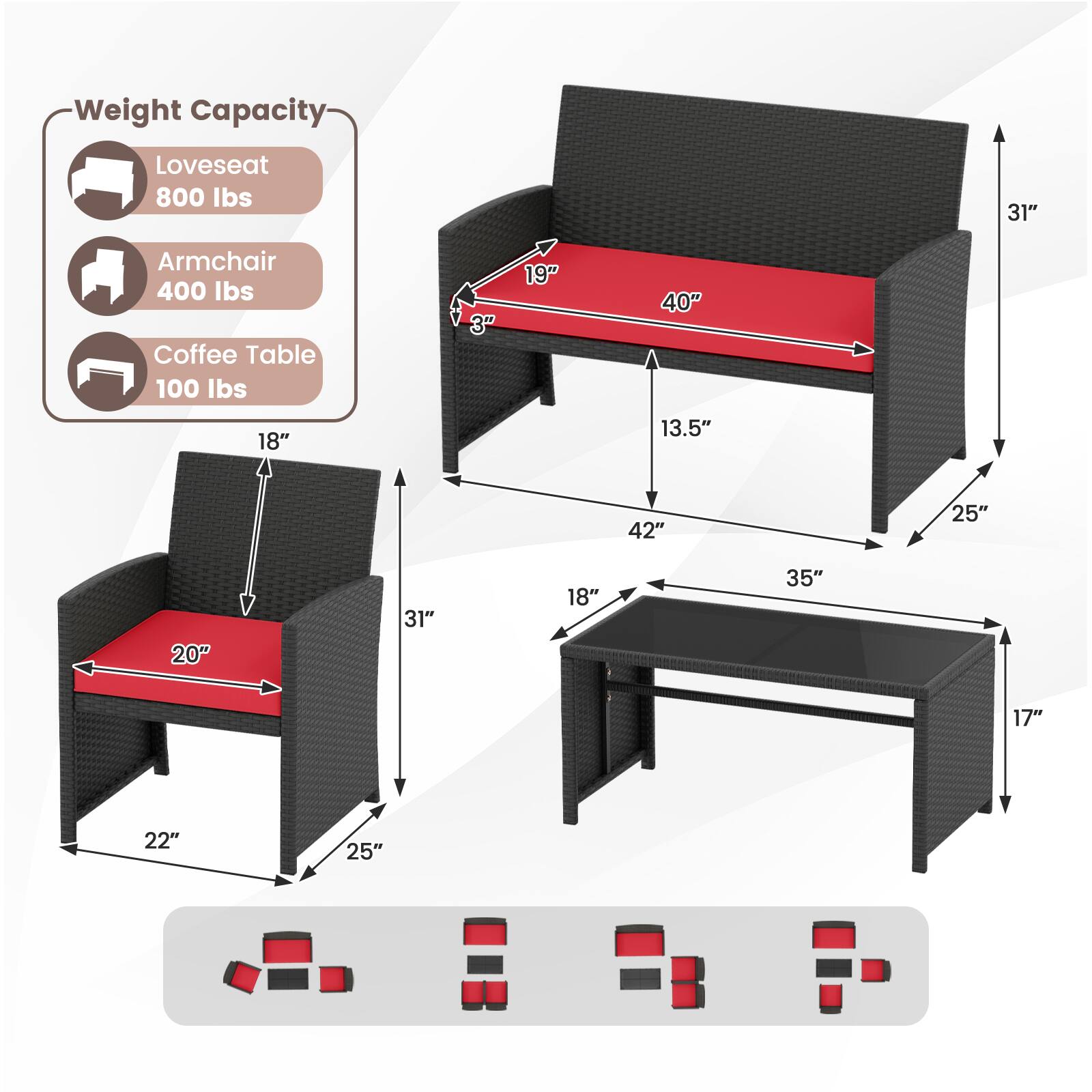 Alt View 2. Costway - Costway 8 PCS Patio Conversation Set with Seat Cushions & Tempered Glass Tabletop, Porch - Red+Black.