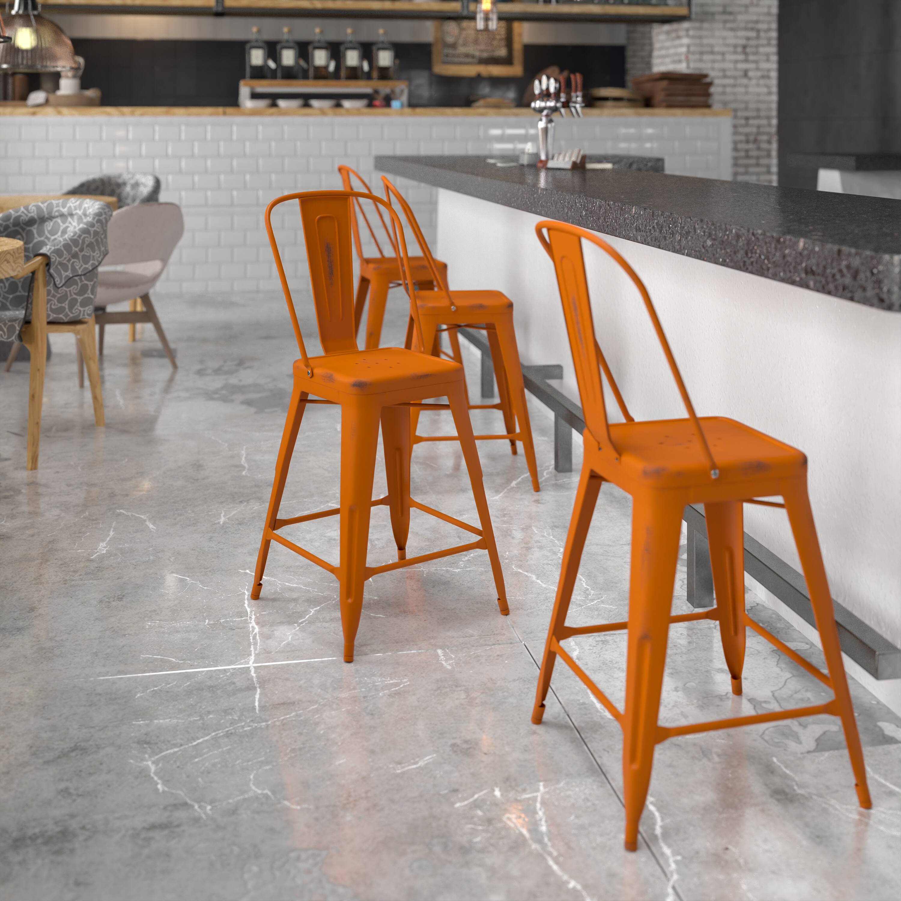Alt View 1. Emma + Oliver - Commercial Grade 24"H Distressed Metal Indoor-Outdoor Counter Stool with Back - Orange.