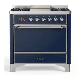 ILVE - Majestic III Series 36 in. Dual Fuel Range with 6 Sealed Burners + Griddle (Midnight Blue, Chrome) - Midnight Blue