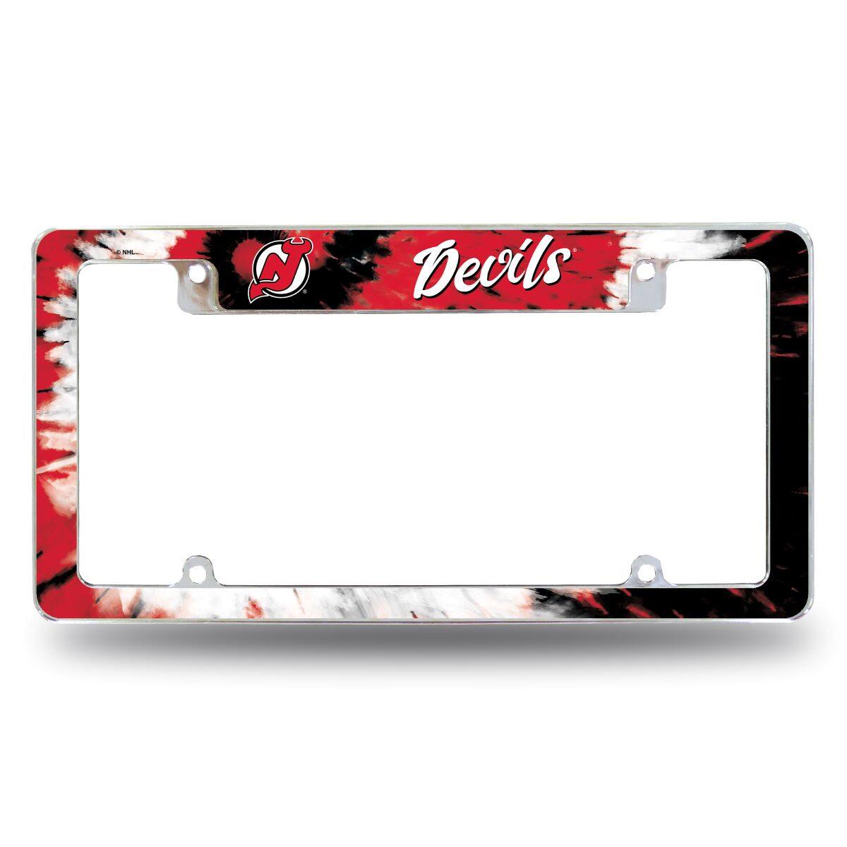 New Jersey Devils Chrome Metal License Plate Frame with Bold Tie Dye Design