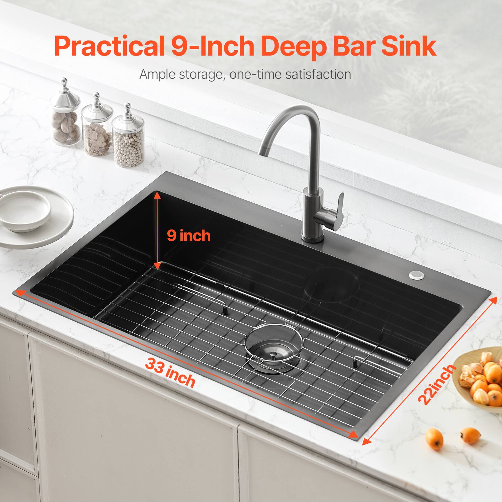 Practical 9-Inch Deep Bar Sink, Ample storage, one-time satisfaction, 9 inch, 33 inch, 22 inch