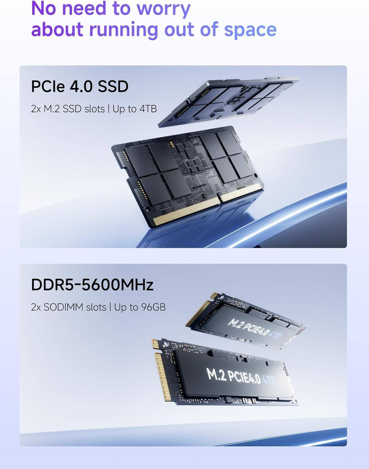 No need to worry about running out of space

PCle 4.0 SSD  
2x M.2 SSD slots | Up to 4TB

DDR5-5600MHz  
2x SODIMM slots | Up to 96GB

M.2 PCIE4.0 4TB  
M.2 PCIE4.0 4TB