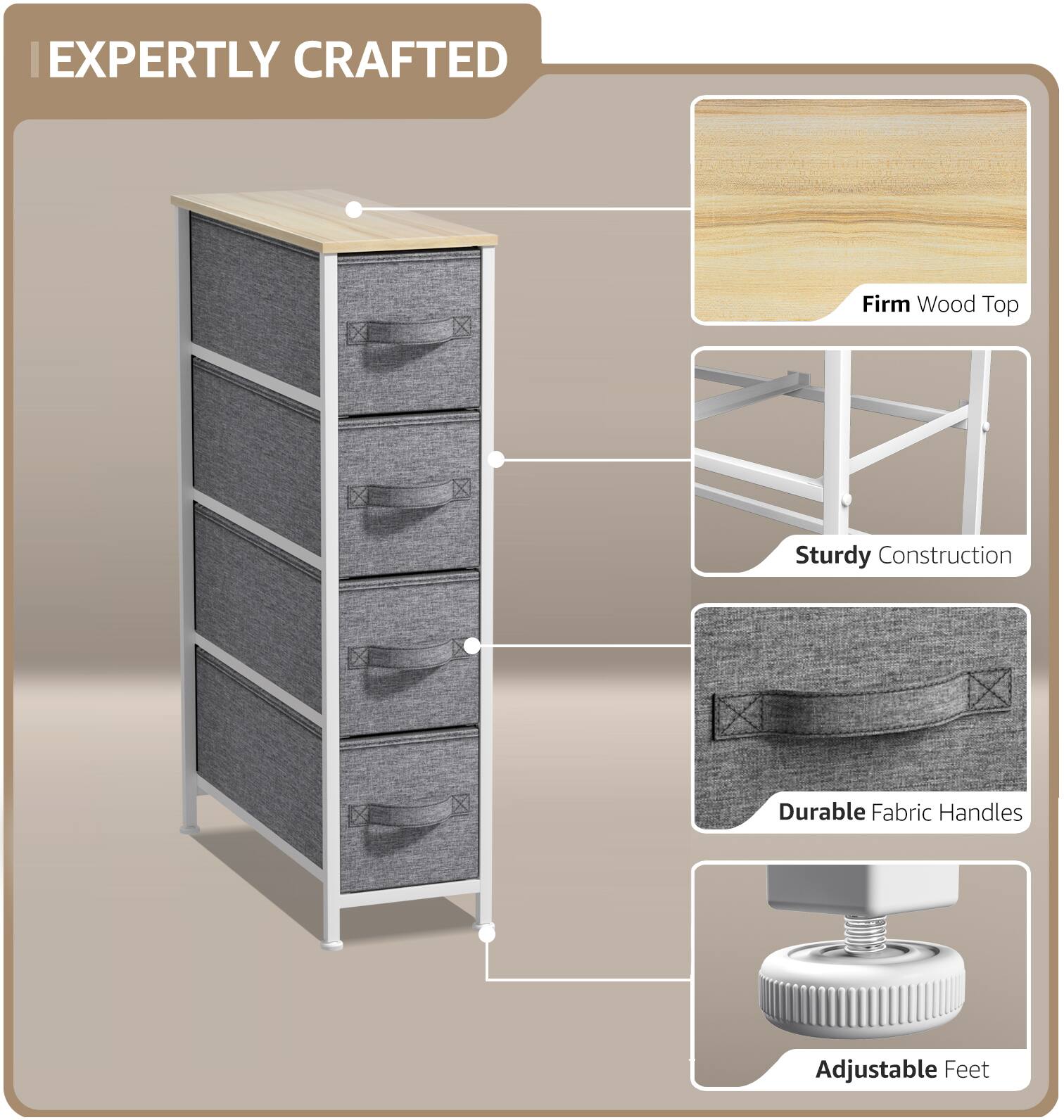 EXPERTLY CRAFTED

- Firm Wood Top
- Sturdy Construction
- Durable Fabric Handles
- Adjustable Feet
