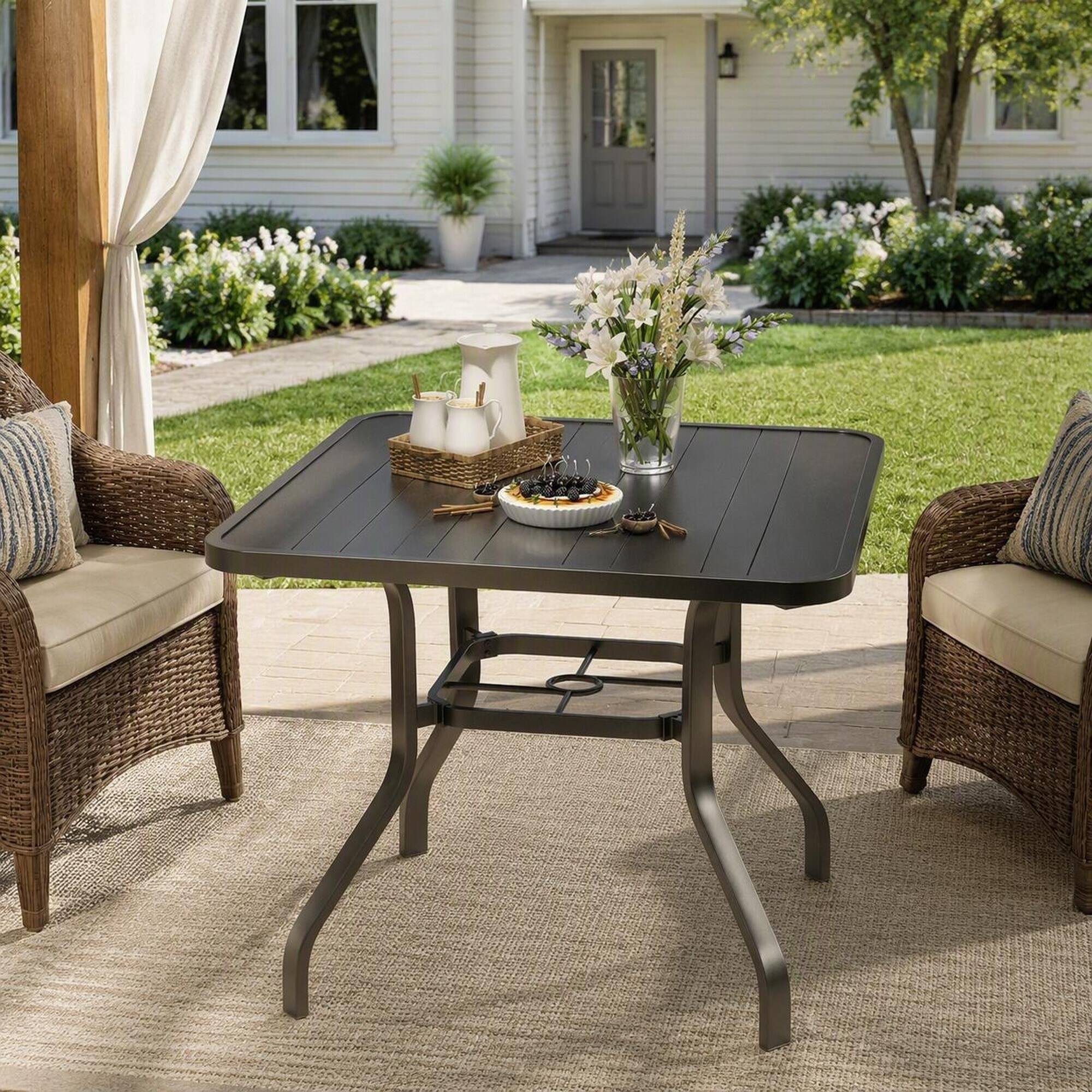 Back. RYHNUYNE - 35"Square Outdoor Dining Table,Outdoor Patio Table With Umbrella Hole for Garden Backyard Poolside - Black.