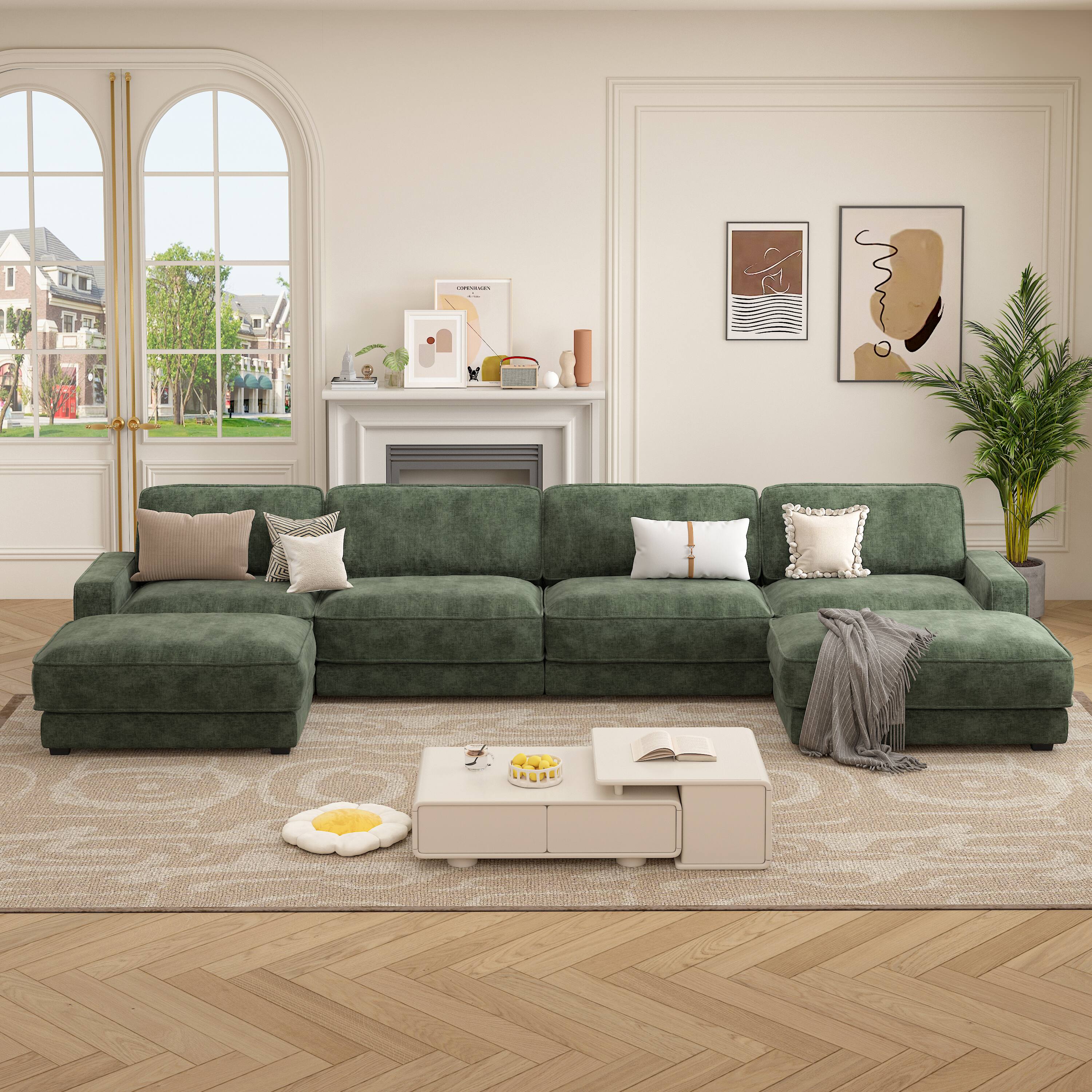 Back. Vipbear - 160" Modular Sectional Sofa, Cloud Sectional Couch with Deep Seat, Modern Modular U-Shape Sofa Couch with Chaise - Green.