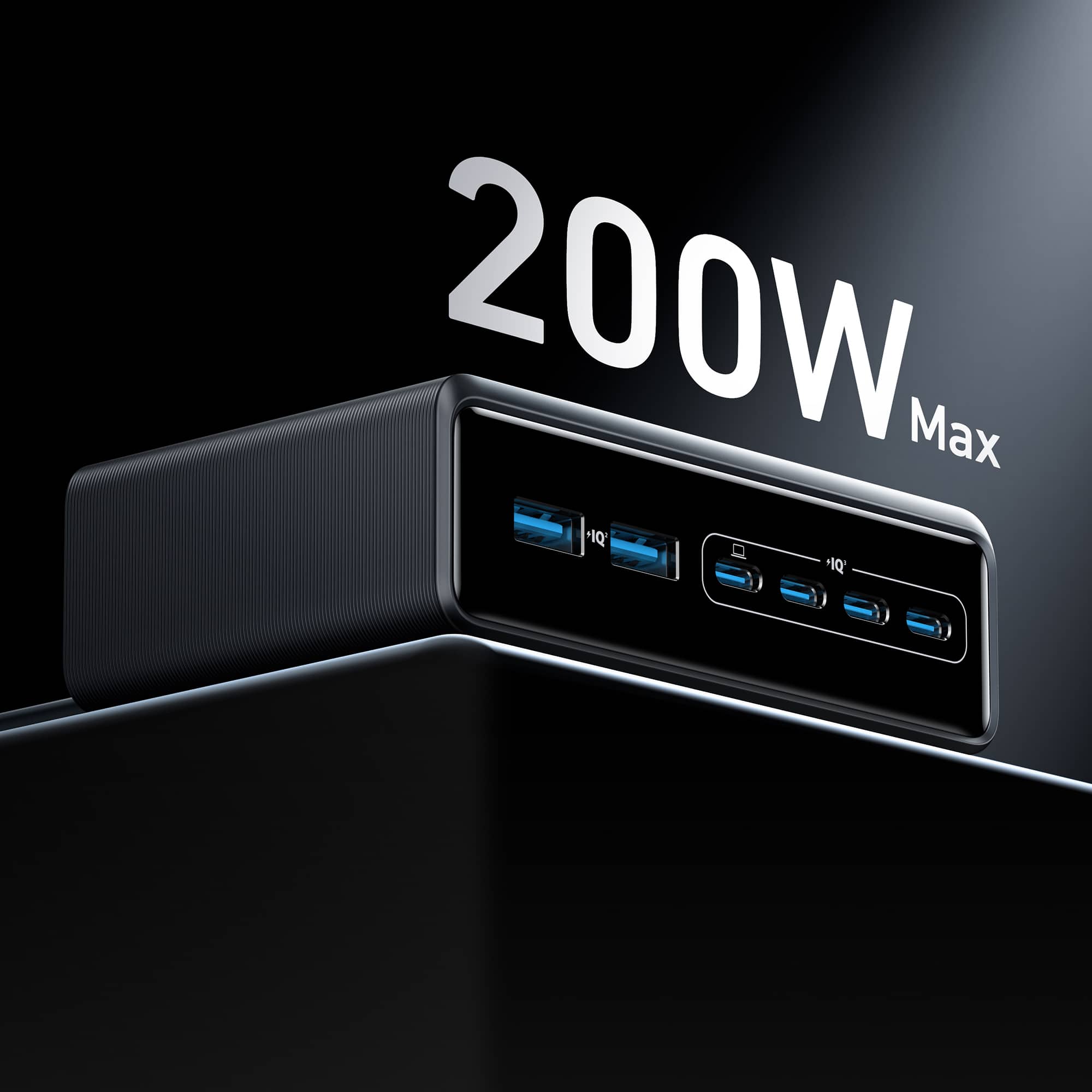 The text on the image reads "200W Max +1Q +1Q." This can be grouped as "200W Max +1Q +1Q" to indicate that the device is capable of delivering up to 200 watts of power, with an additional 1Q of power available.