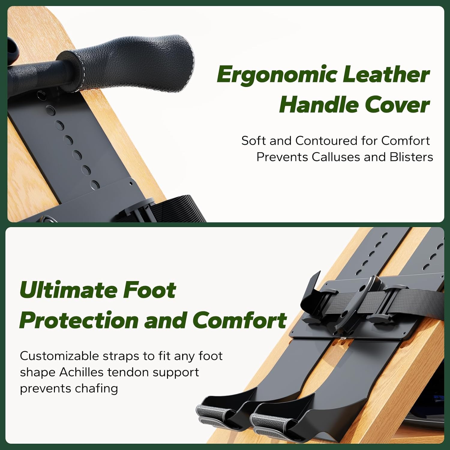 Ergonomic Leather Handle Cover  
Soft and Contoured for Comfort  
Prevents Calluses and Blisters  

Ultimate Foot Protection and Comfort  
Customizable straps to fit any foot shape  
Achilles tendon support prevents chafing