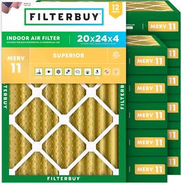Filterbuy - 20x24x4 MERV 11 Pet & Allergy Defense, Electrostatic Pleated HVAC AC Furnace Air Filters Replacement (12-Pack) - Gold