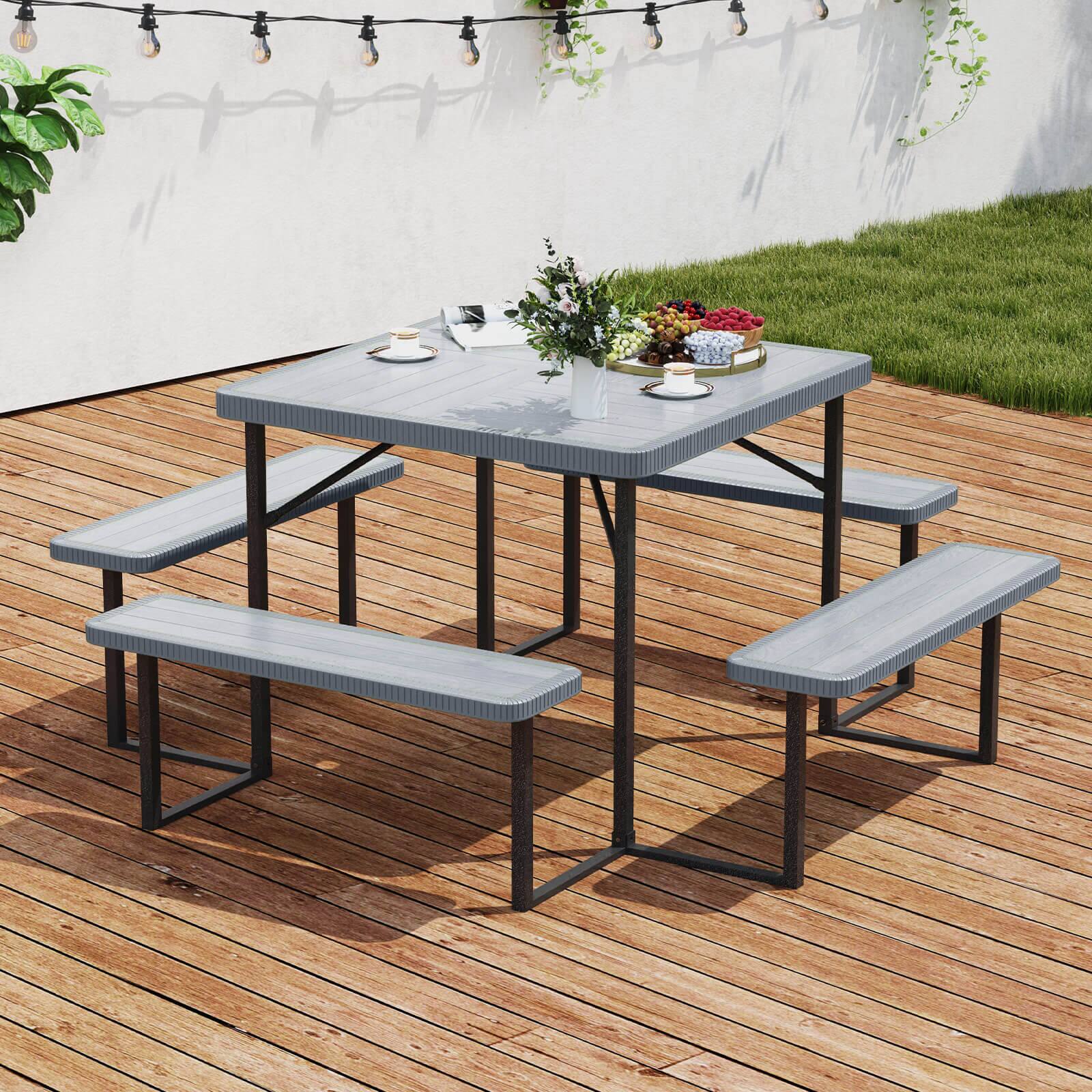 Alt View 1. Costway - Costway Picnic Table Bench Set for 4-8 People with Umbrella Hole All-Weather HDPE Tabletop - Gray.