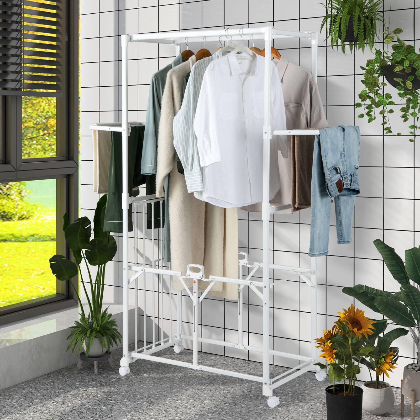 Alt View 7. Costway - Costway Foldable Clothes Drying Rack 68.5" Aluminum Laundry Rack with Hanging Rods & Drying Shelves Universal Wheels - White.