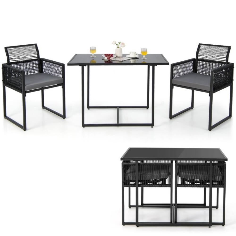 Back. Mondawe - 3 Pieces Outdoor Dining Set with Folding Backrest and Seat Cushions - Black.