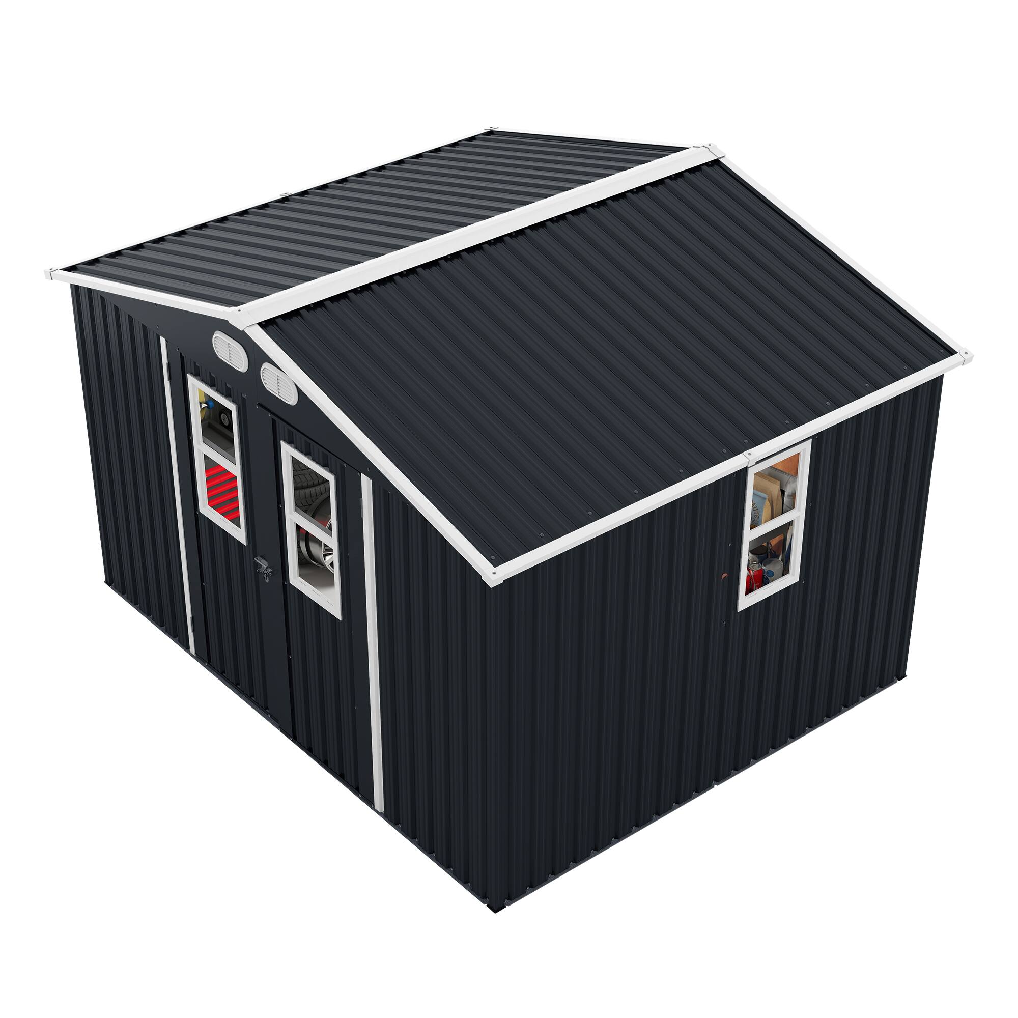 Alt View 6. Mondawe - 8x10 FT Outdoor Storage Shed with Protective Film, Four Daylight Windows and Lockable Doors - Dark Gray.