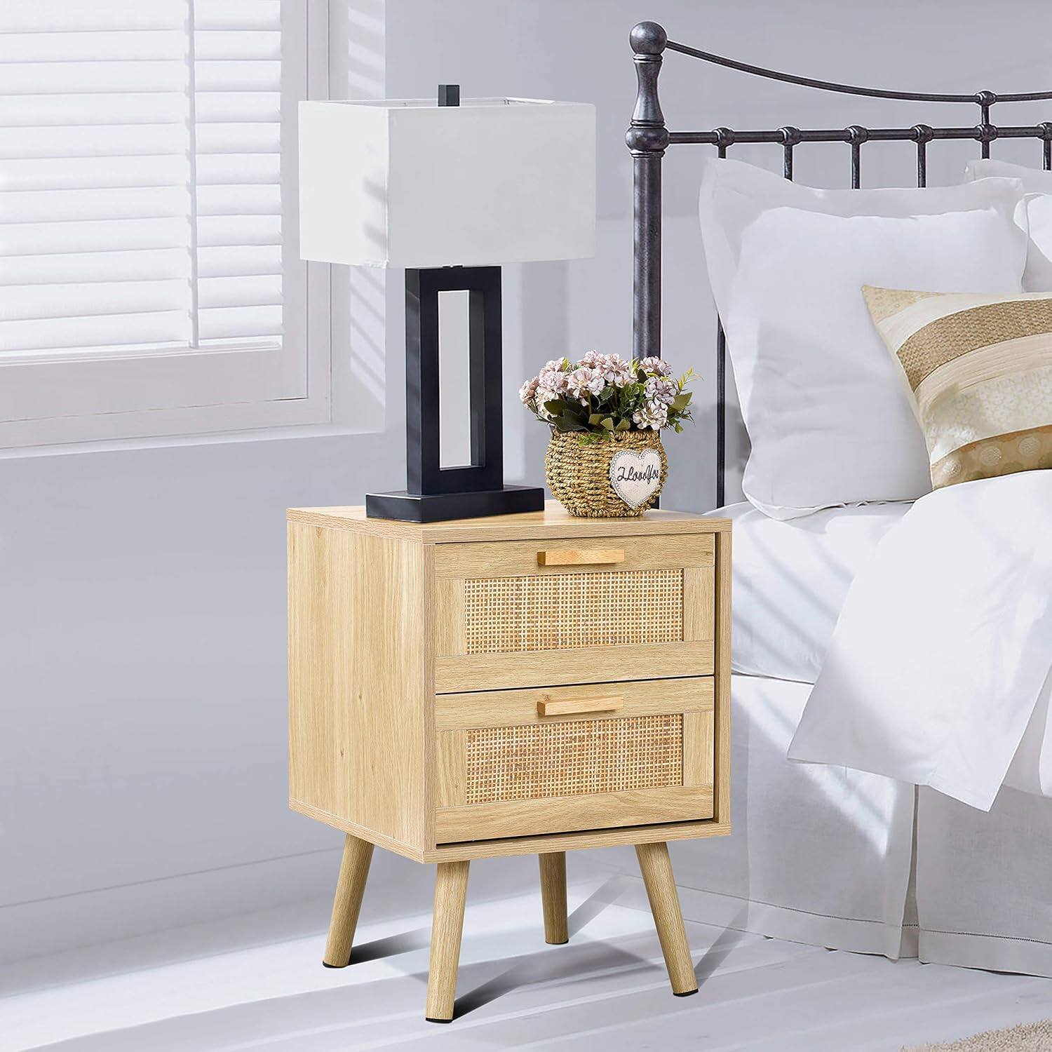 Alt View 7. Finnhomy - Finnhomy Nightstand Set of 2 – Natural Rattan Bedside Tables with 2 Drawers Each, 2-Pack - Natural.