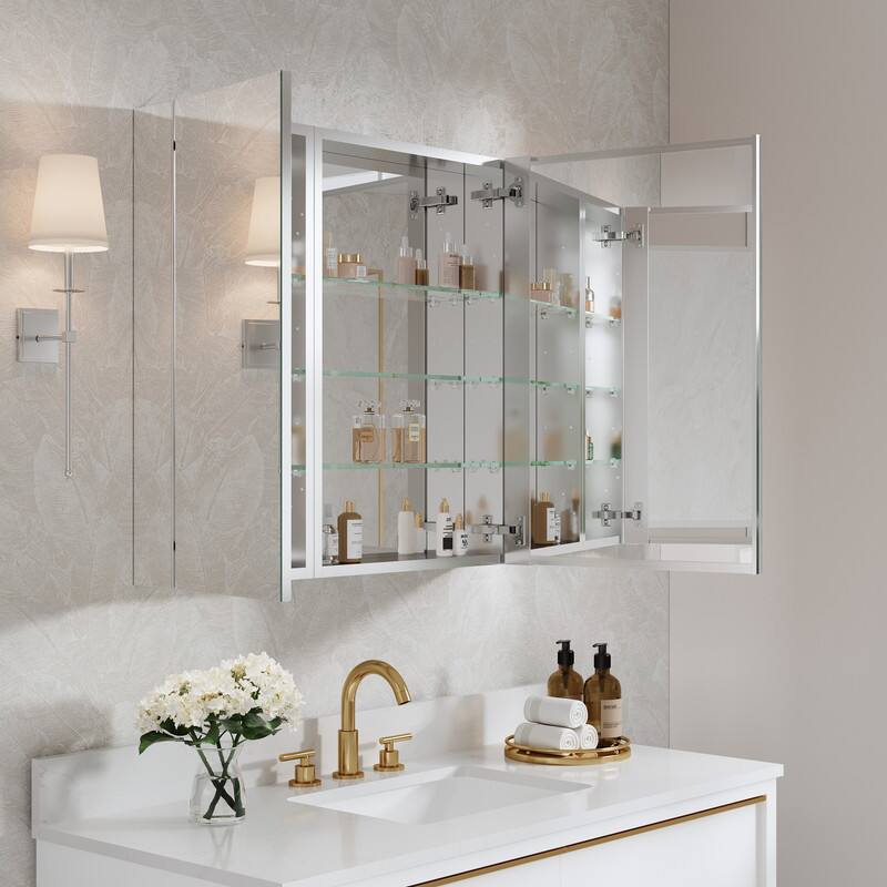 Alt View 3. WELLFOR - Combo 32 in. W x 30 in. H Rectangular Aluminum Recess/Surface Mount Frameless Medicine Cabinet with Mirror - Silver.