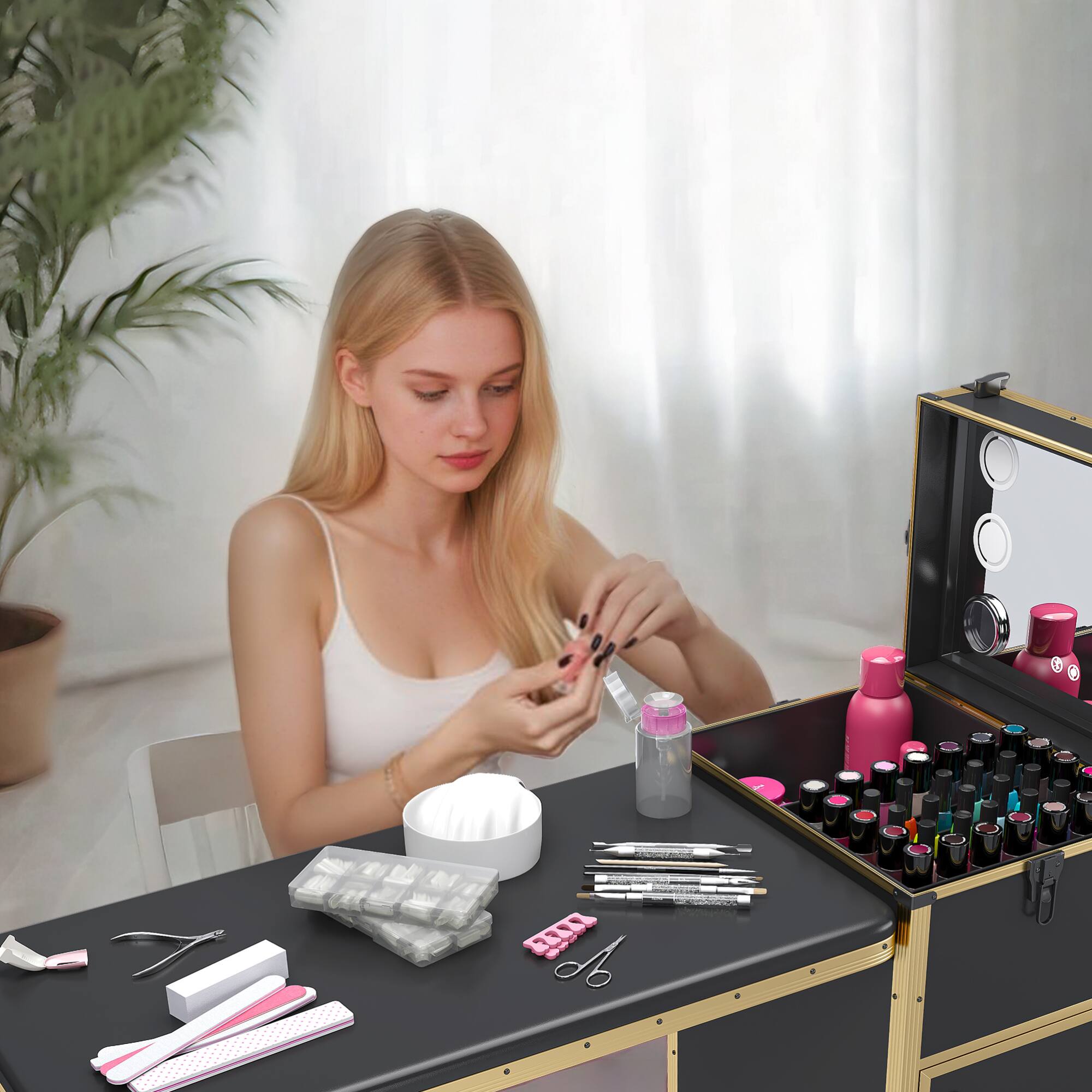 Alt View 6. GOODSILO - Professional Folding Nail Art Table with LED Mirror Bluetooth Speaker Lockable Drawers Telescopic Pole Salon Station - Black+Gold.