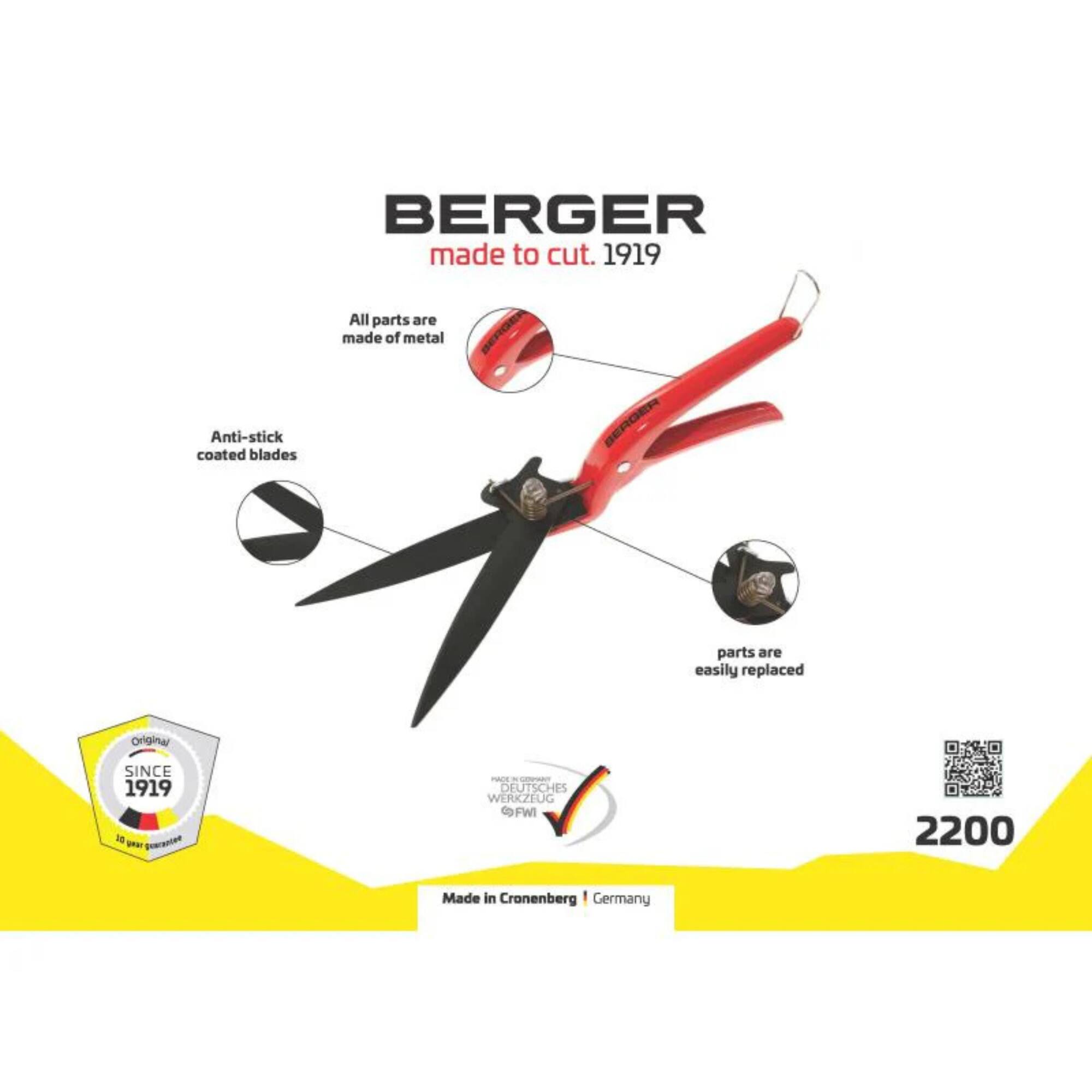 BERGER made to cut. 1919  
All parts are made of metal  
Anti-stick coated blades  
BERGER parts are easily replaced  
Original SINCE 1919  
10 Starantes - nar PRLS - N OE DEUTSCHES WERKZEUG FWI 2200  
Made in Cronenberg Germany
