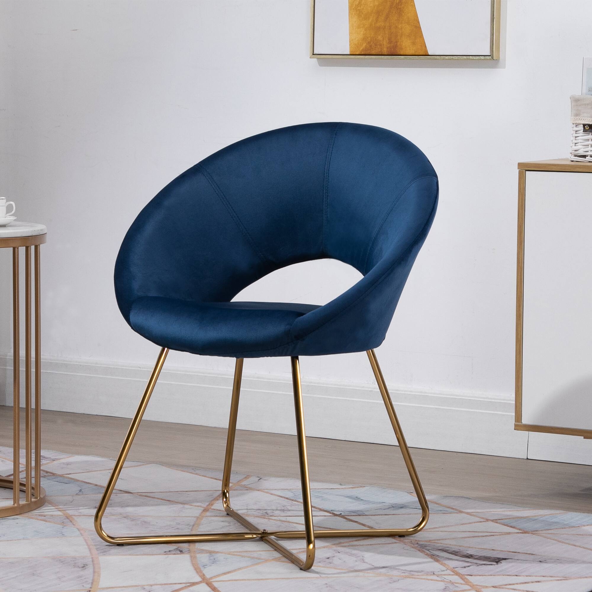 Alt View 1. Homcom - Modern Accent Velvet Chair, Open Curved Mid-Back Upholstered Vanity Chair with Gold Plating Metal Legs (Living Room) - blue.