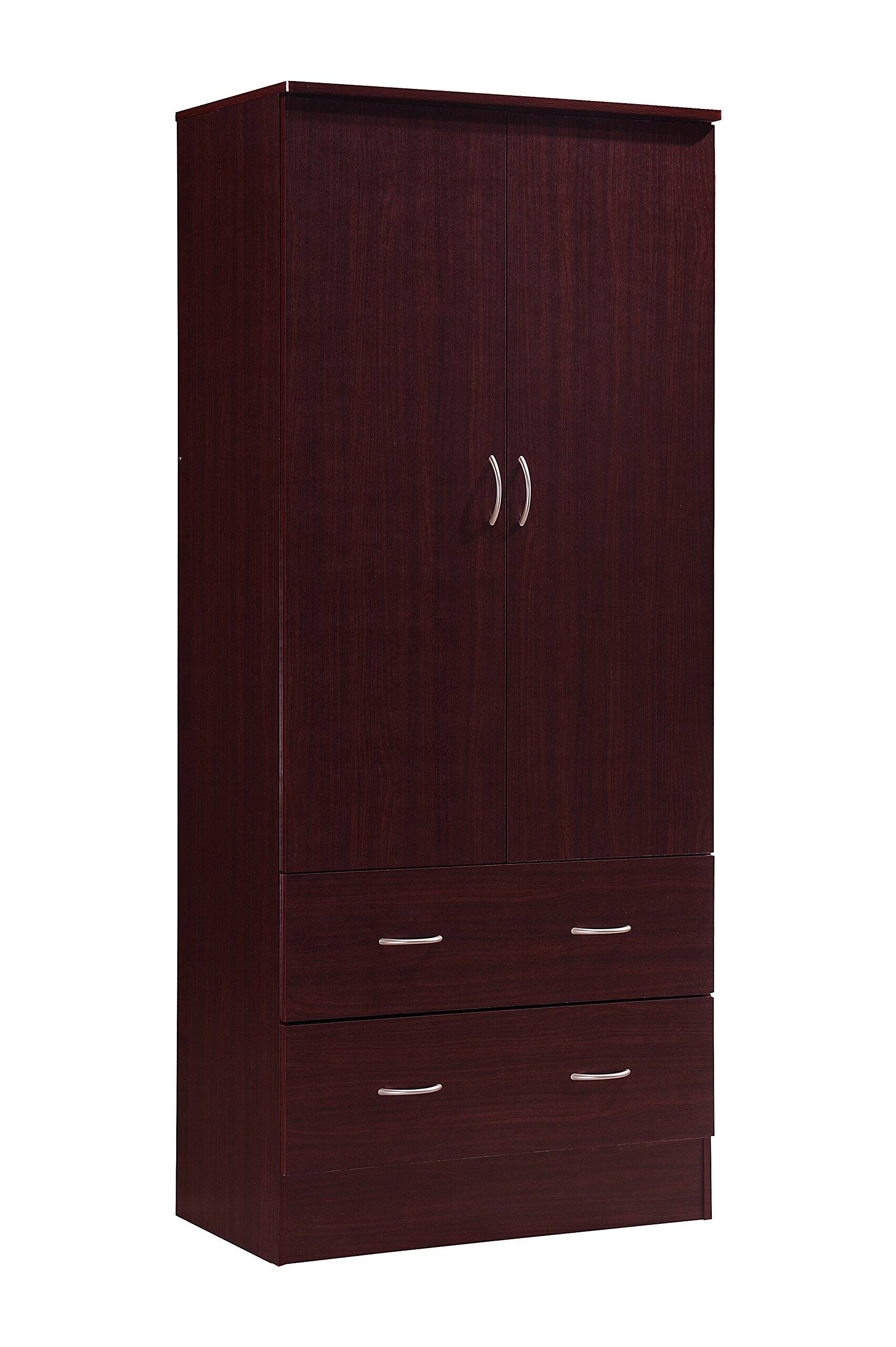 Front. Cedar Assembly - 2 Door Wood Wardrobe Bedroom Closet With Clothing Rod Inside Cabinet And 2 Drawers For Storage Mahogany - 60''.