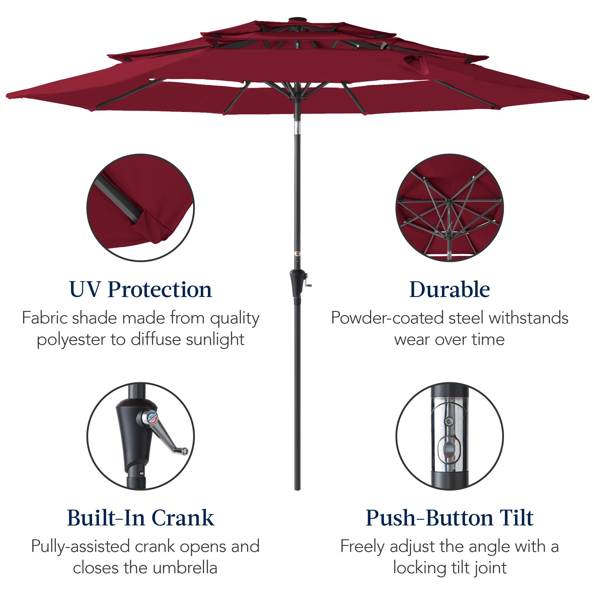 UV Protection Fabric shade made from quality polyester to diffuse sunlight. Durable Powder-coated steel withstands wear over time. Built-In Crank: Pulley-assisted crank opens and closes the umbrella. Push-Button Tilt: Freely adjust the angle with a locking tilt joint.