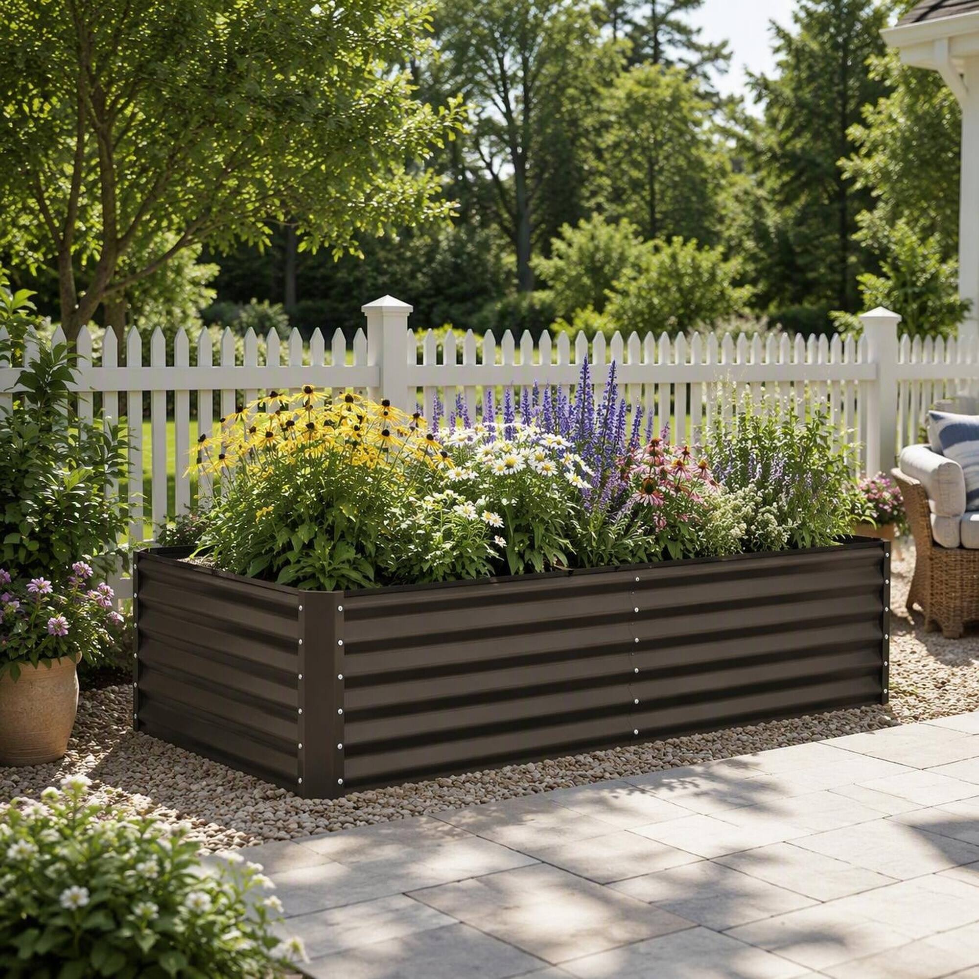 Back. RYHNUYNE - 6x3x1.5ft Galvanized Raised Garden Bed Outdoor Planter Box Metal Garden Box for Vegetables Flowers Brown - Brown.