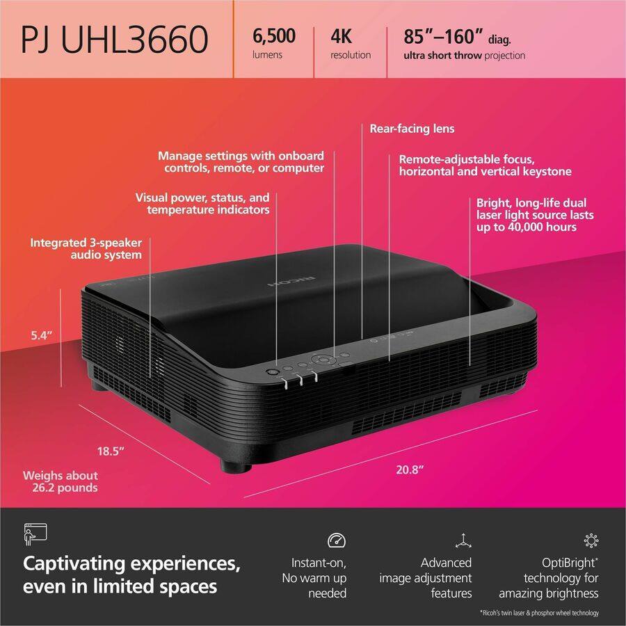 PJ UHL3660  
6,500 lumens  
4K resolution  
85"-160" diag. ultra short throw projection  

- Rear-facing lens  
- Manage settings with onboard controls, remote, or computer  
- Remote-adjustable focus, horizontal and vertical keystone  
- Integrated 3-speaker audio system  
- Bright, long-life dual laser light source lasts up to 40,000 hours  
- Visual power, status, and temperature indicators  
- Instant-on, No warm up needed  
- Advanced OptiBright image adjustment technology for amazing brightness  
- Ricoh's twin laser & phosphor wheel technology  

Dimensions:  
- 5.4"  
- 18.5"  
- 20.8"  

Weight: about 26.2 pounds  

Captivating experiences, even in limited spaces