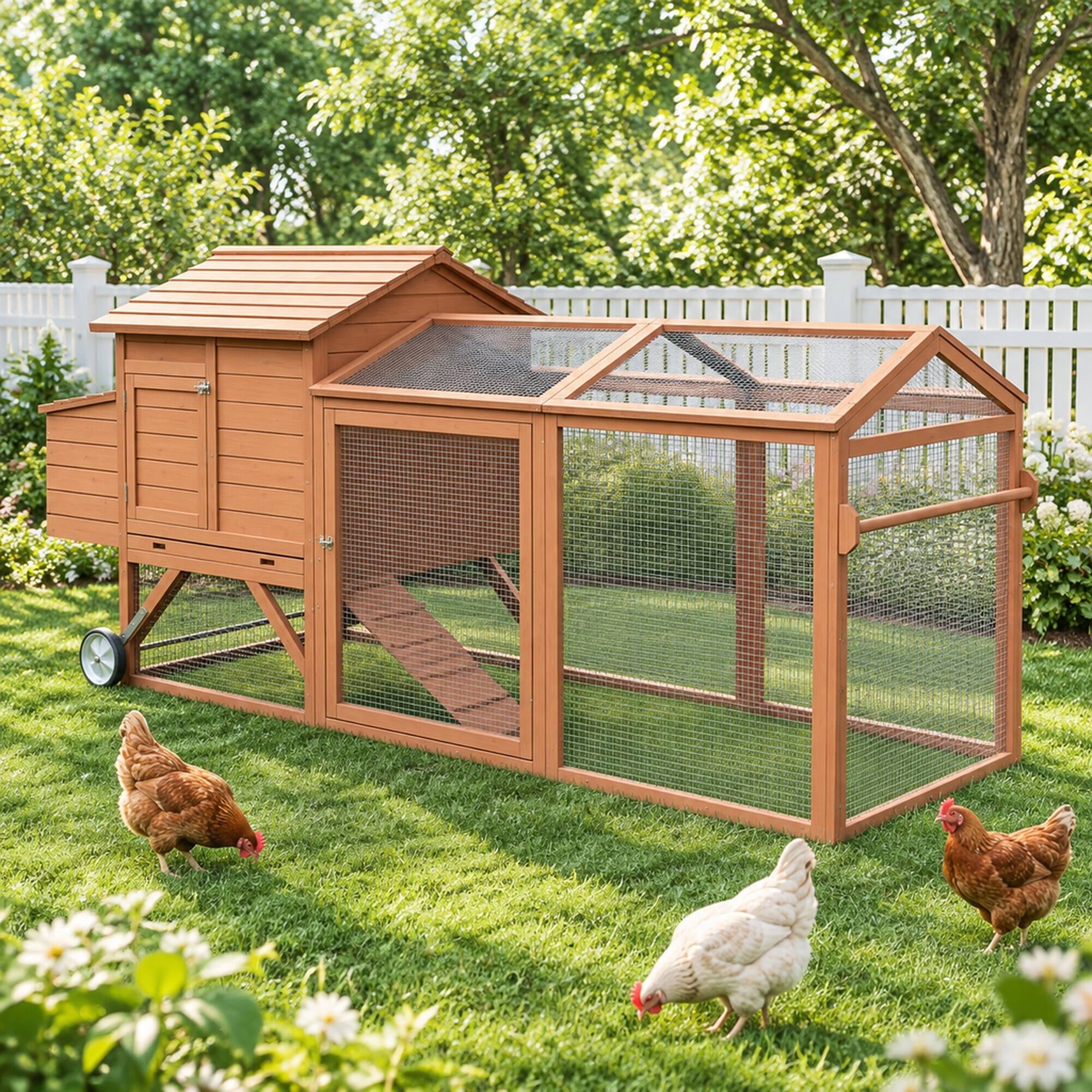 Alt View 2. RYHNUYNE - Wooden Chicken Coop, Portable Hen House with Wheels, Nesting Box, Outdoor Run, Natural.