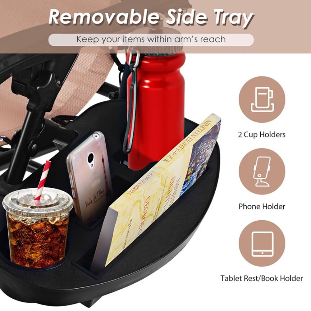 Removable Side Tray  
Keep your items within arm's reach  

- 2 Cup Holders  
- Phone Holder  
- Tablet Rest/Book Holder