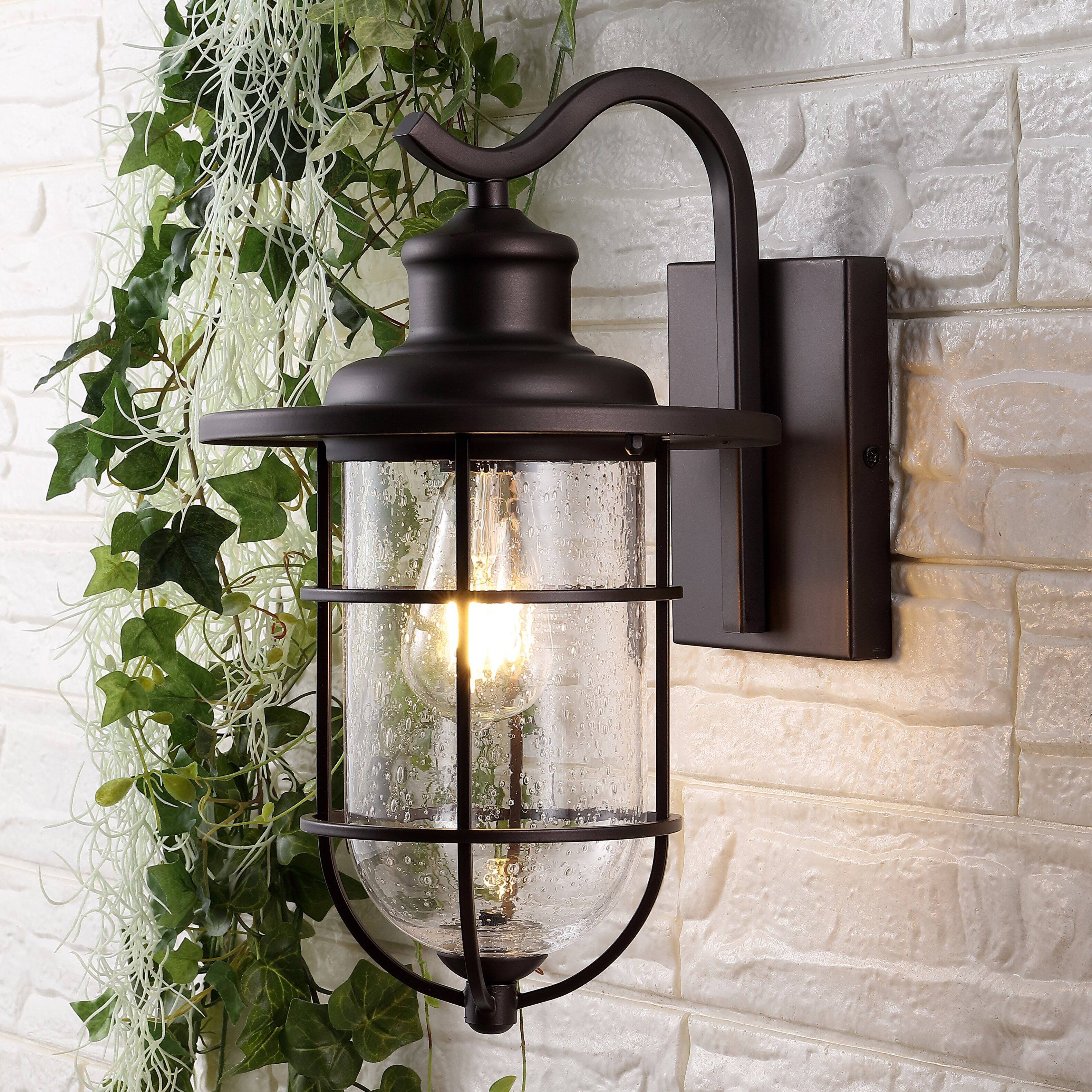 Alt View 1. Jonathan Y - Westfield 10.5" 1-Light Iron/Seeded Glass Rustic Industrial Cage LED Outdoor Sconce, Oil Rubbed Bronze - Oil Rubbed Bronze.