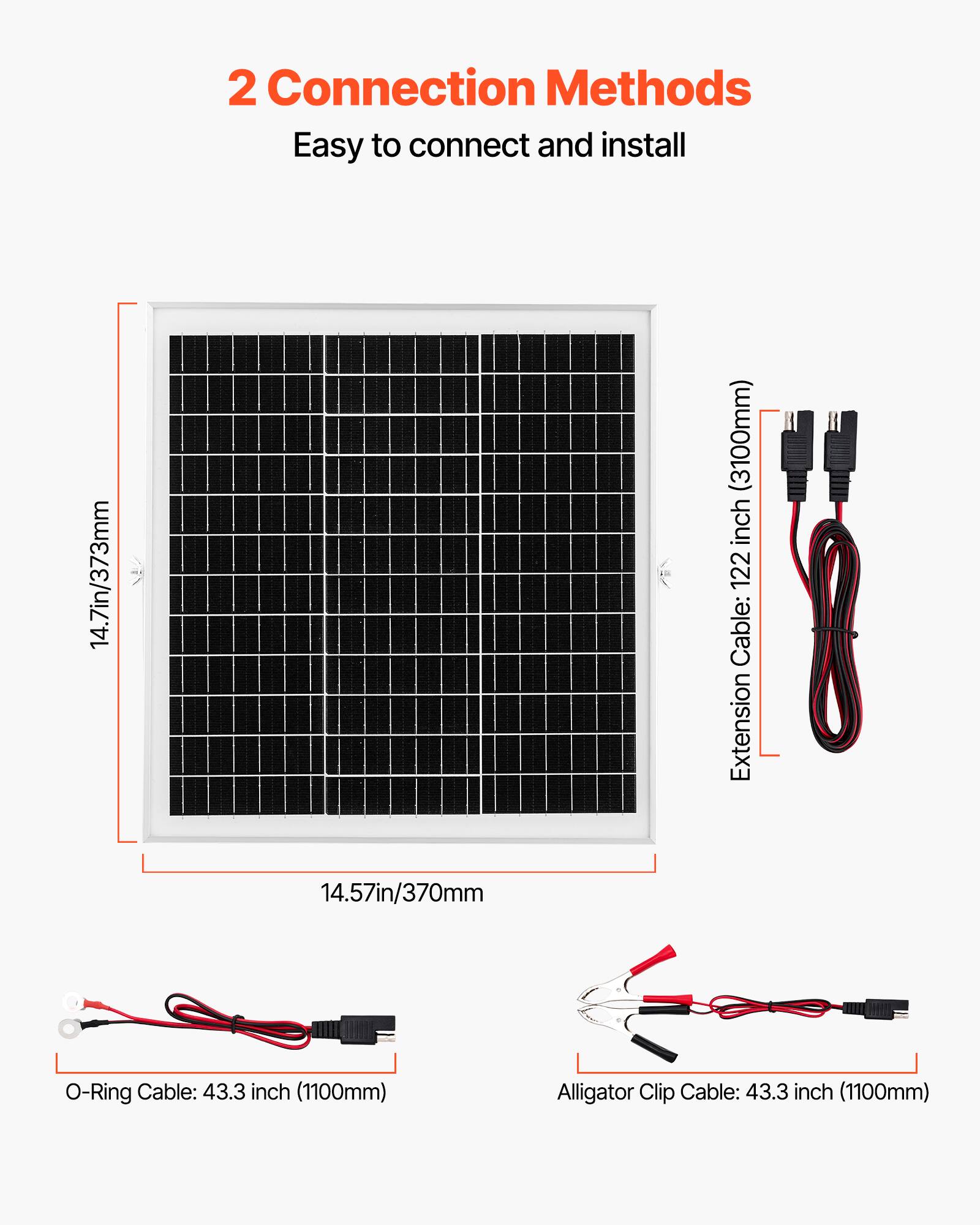 2 Connection Methods  
Easy to connect and install  

14.7in/373mm (3100mm)  
Extension Cable: 14.57in/370mm (122 inch)  
O-Ring Cable: 43.3 inch (1100mm)  
Alligator Clip Cable: 43.3 inch (1100mm)