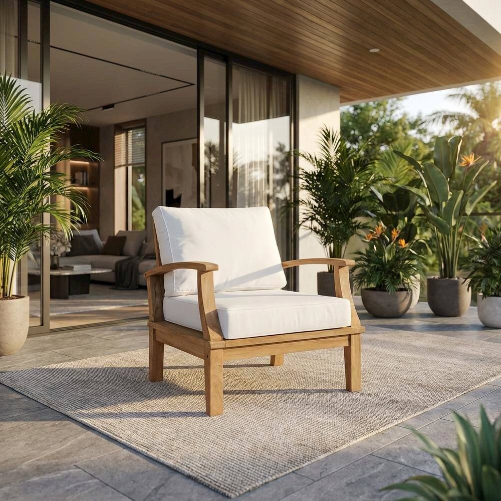 Angle. Outdoor Escape - Teak Outdoor Patio Armchair With Cushions And Ergonomic Support - White.