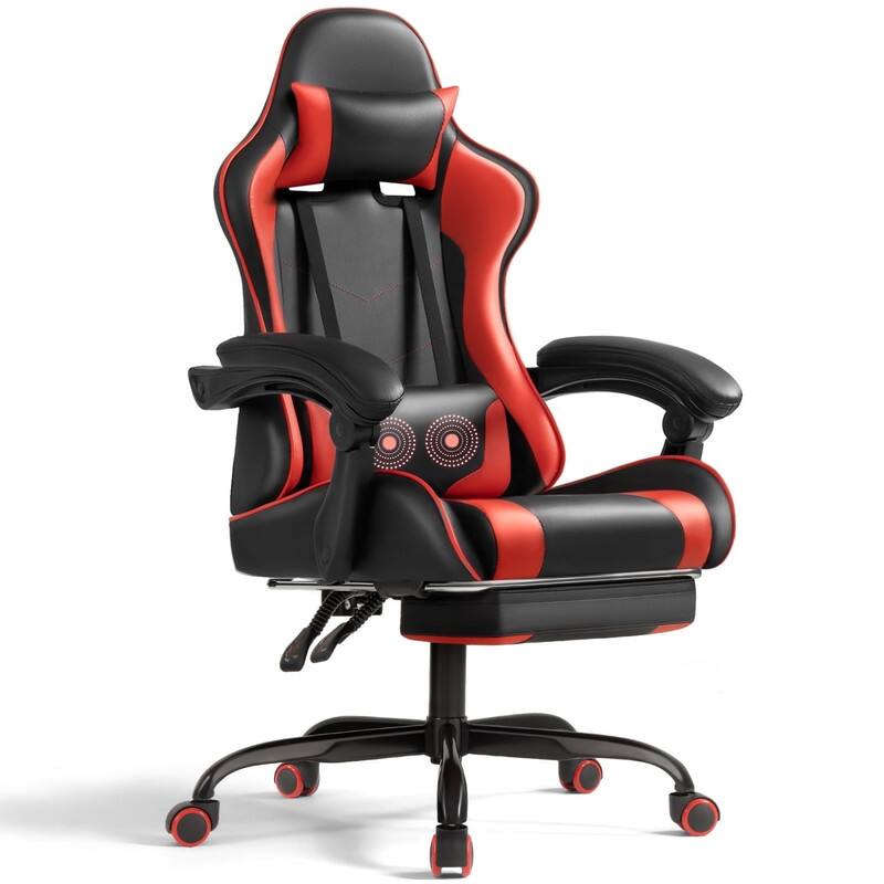 Front. Homall - Gaming Chair Massage Ergonomic Chair PU Leather Height Adjustable Racing Chair with Footrest & Lumbar Support - RED.