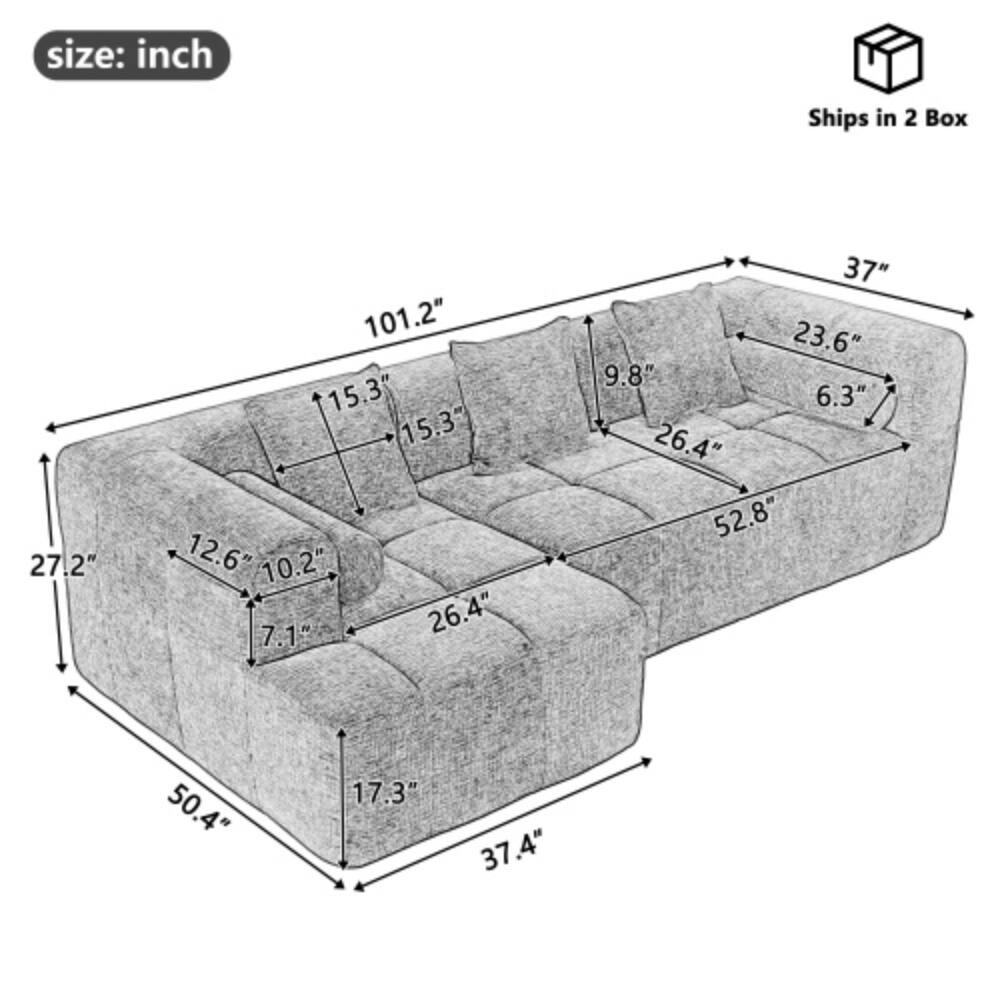 size: inch  
Ships in 2 Box  
27.2" 101.2" 15.3" 15.3" 12.6" 10.2" 7.1" 26.4" 37" 23.6" 9.8" 6.3" 26.4" 52.8" 50.4" 17.3" 37.4"