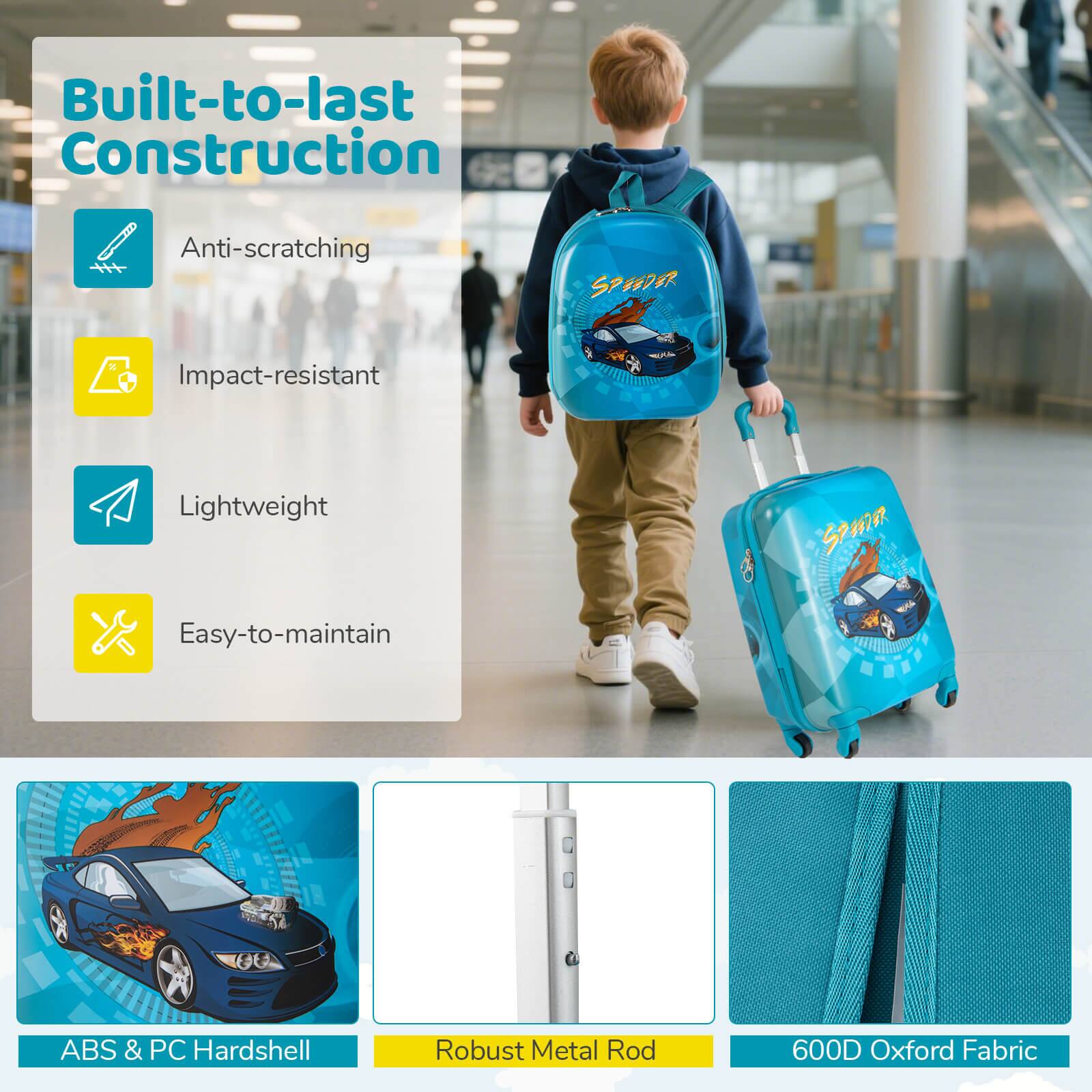 Built-to-last Construction

- Anti-scratching
- Impact-resistant
- Lightweight
- Easy-to-maintain

ABS & PC Hardshell

Robust Metal Rod

600D Oxford Fabric