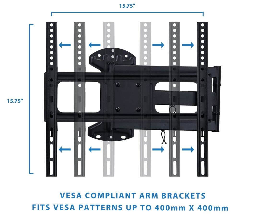 15.75"  
15.75"  

VESCA COMPLIANT ARM BRACKETS  
FITS VESA PATTERNS UP TO 400mm X 400mm