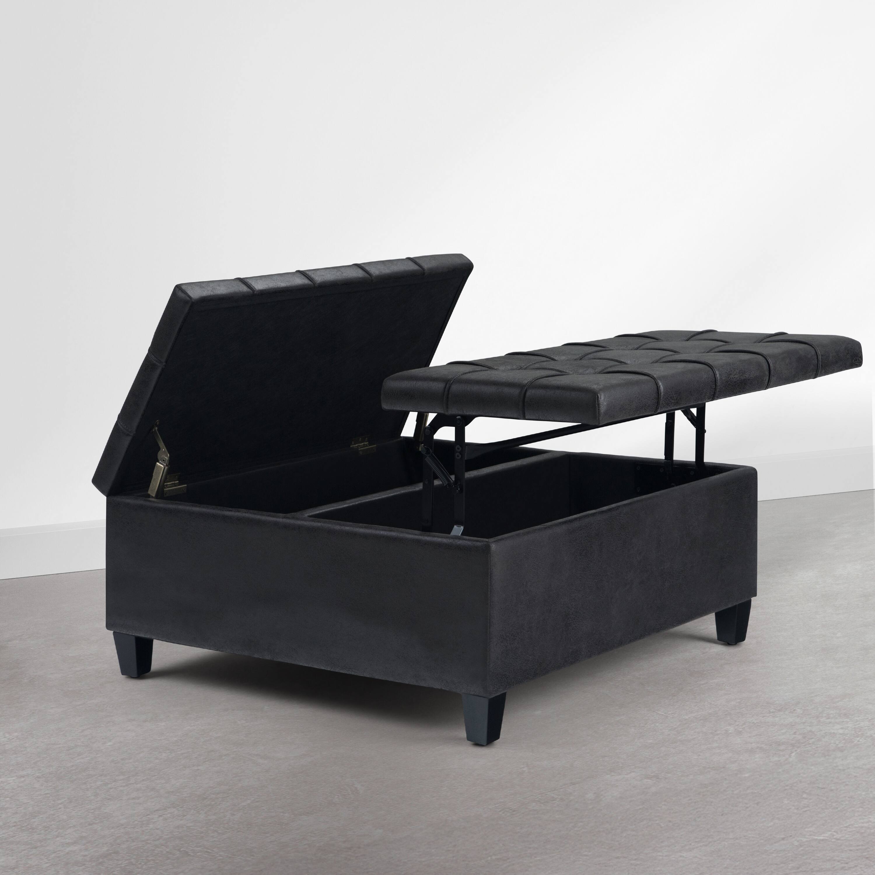 Left. Simpli Home - Harrison 36 inch Wide Upholstered Solid Wood Square Storage Ottoman, Distressed Graphite Black - Distressed Graphite Black.