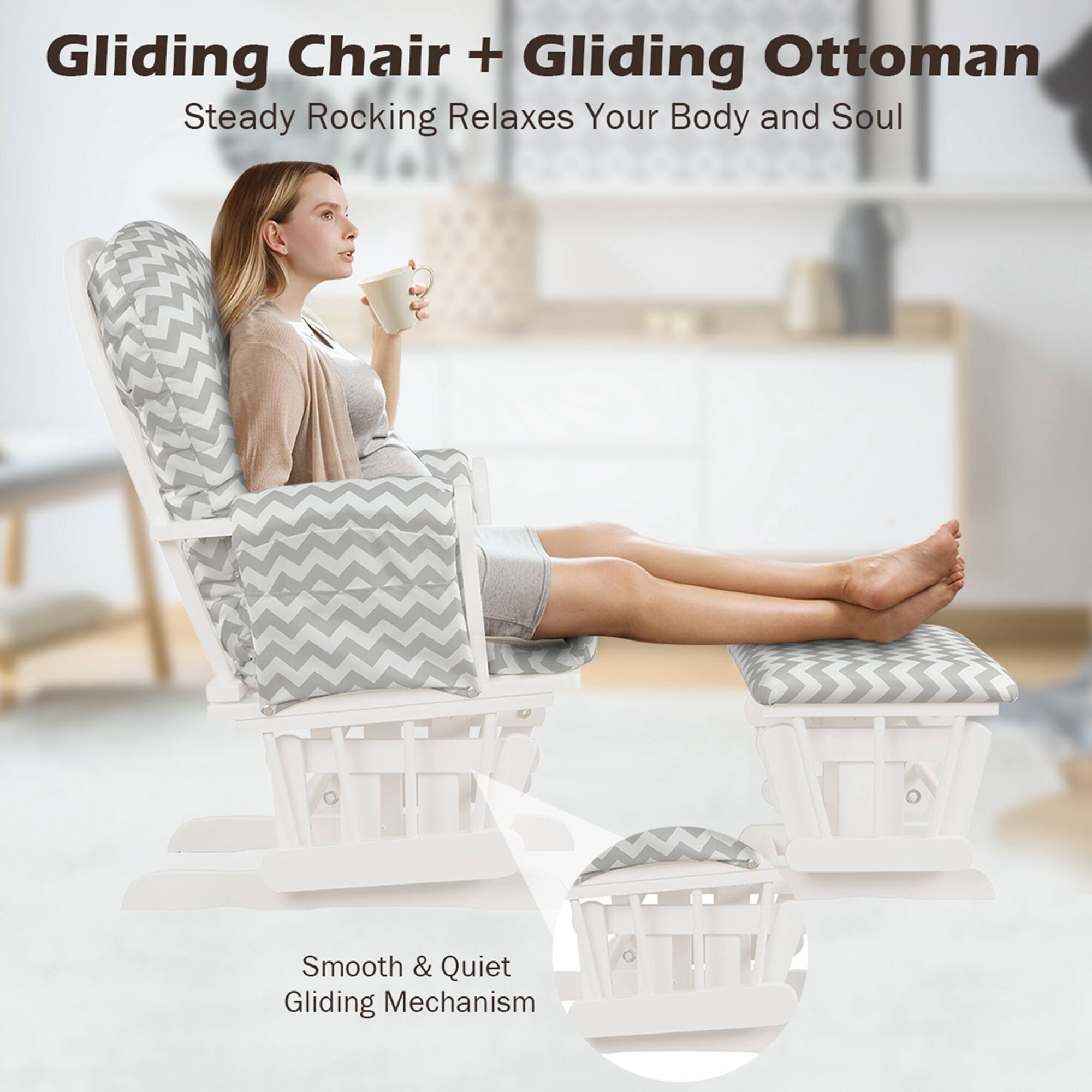 Gliding Chair + Gliding Ottoman: Steady Rocking Relaxes Your Body and Soul. Smooth & Quiet Gliding Mechanism.