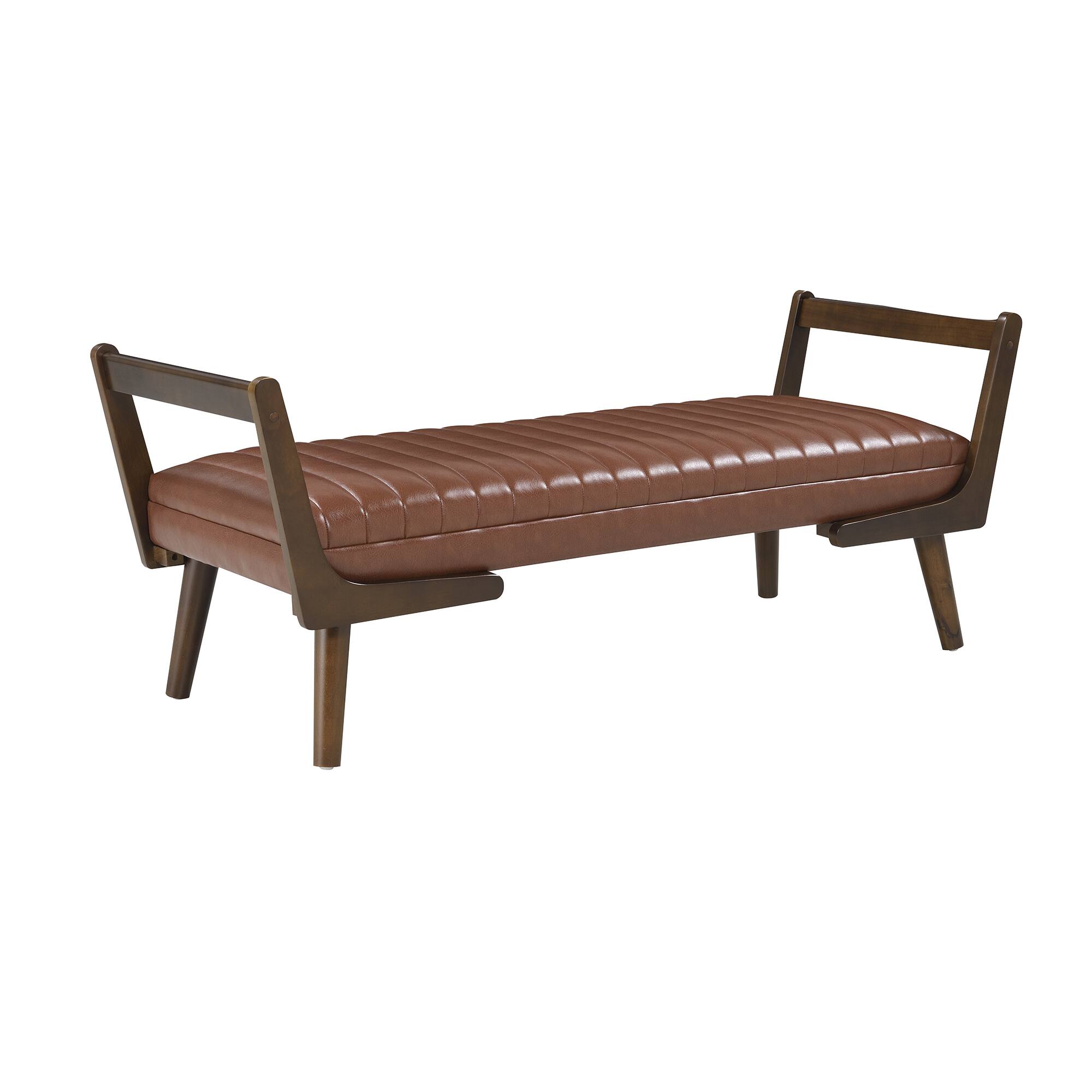 Back. GOODSILO - Mid-Century Modern Upholstered Bench with Walnut Wood Legs and Channeled Tufted Design for Living Spaces - Cognac.