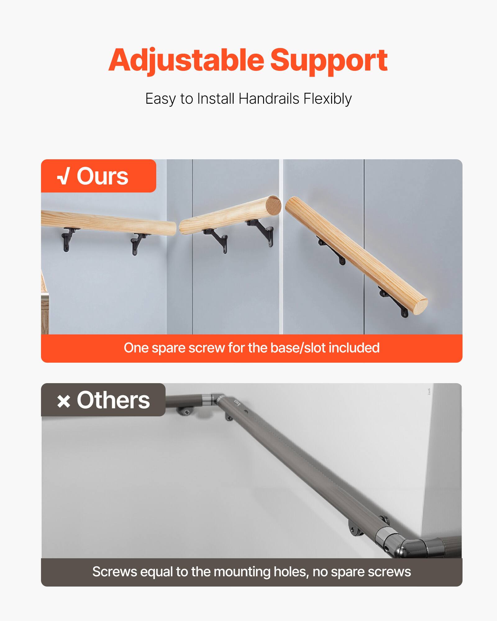 Adjustable Support  
Easy to Install Handrails Flexibly  

✓ Ours  
One spare screw for the base/slot included  

× Others  
Screws equal to the mounting holes, no spare screws