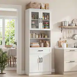 Aheaplus - 79.7" Tall Kitchen Pantry Storage Cabinet, Kitchen Hutch Cabinet with Glass Door, Adjustable Shelves and Drawer - White