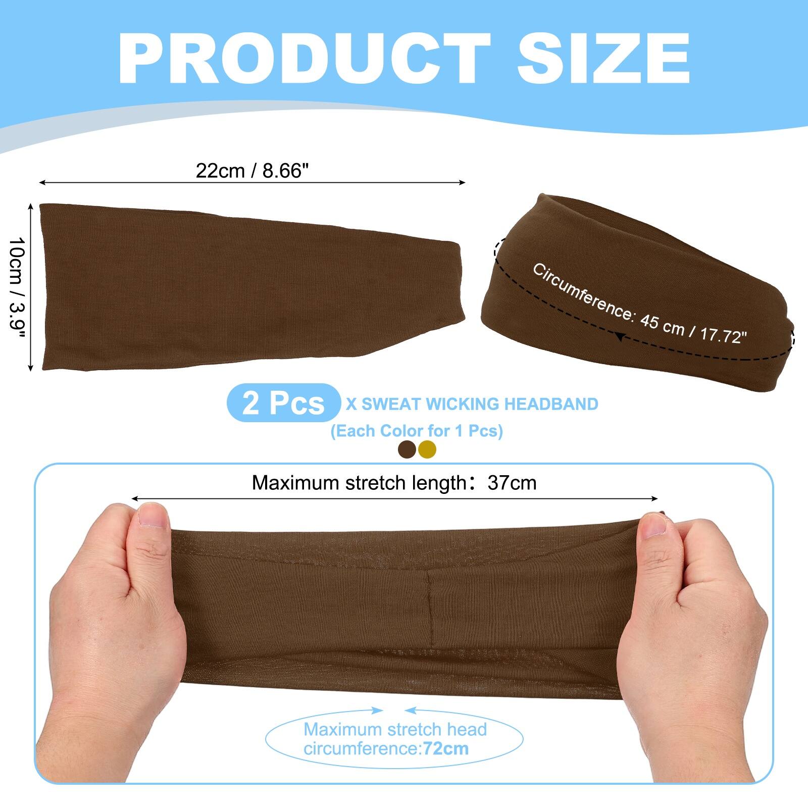 PRODUCT SIZE

22cm / 8.66"  
10cm / 3.9"  
Circumference: 45 cm / 17.72"  

2 Pcs X SWEAT WICKING HEADBAND (Each Color for 1 Pcs)  

Maximum stretch length: 37cm  
Maximum stretch head circumference: 72cm