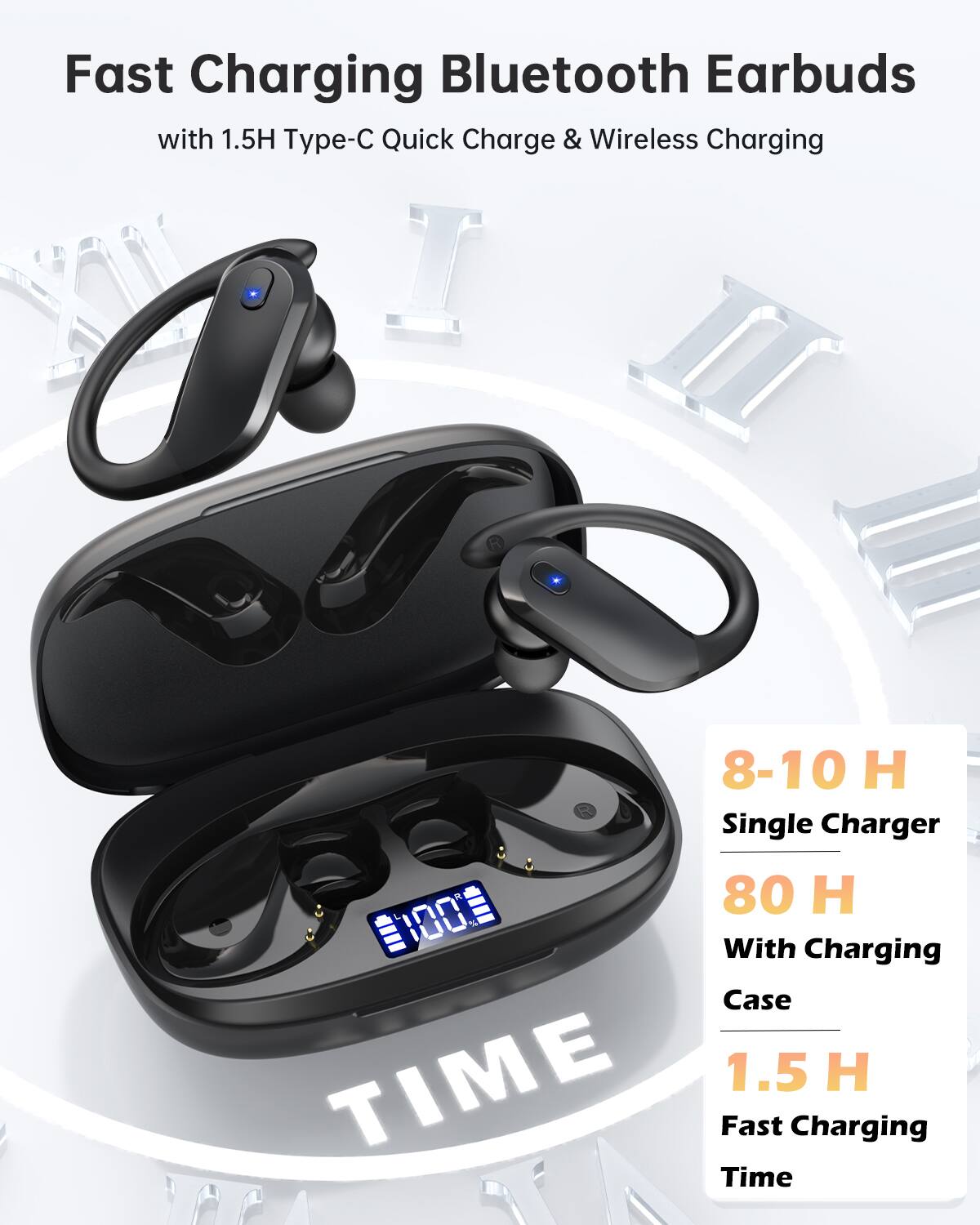 Fast Charging Bluetooth Earbuds
with 1.5H Type-C Quick Charge & Wireless Charging
- 8-10 H Single Charger
- 80 H With Charging Case
- 1.5 H Fast Charging Time